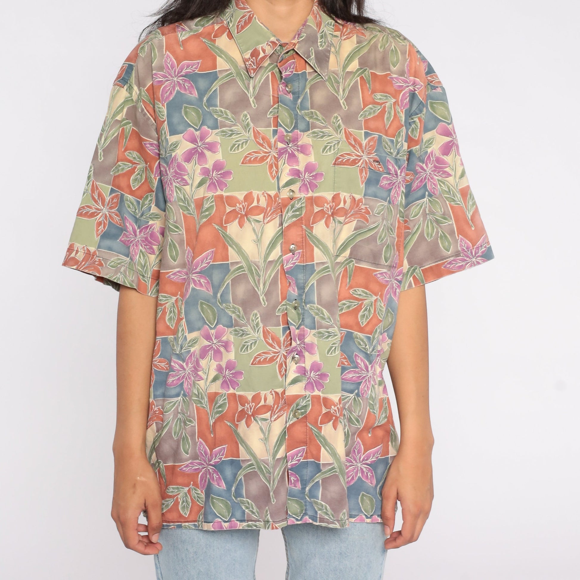 90s Pierre Cardin Floral Button Up Shirt Green Purple Cotton Extra Large Tall