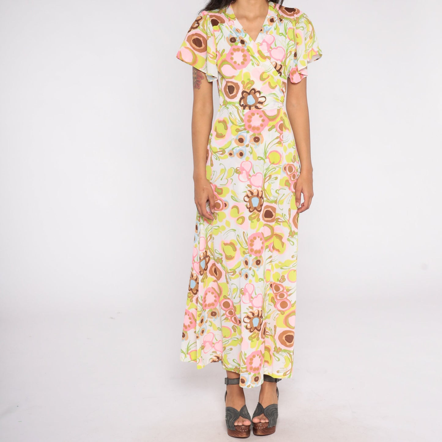 70s Floral Wrap Maxi Dress White Abstract Print High Waist Flutter Sleeve Small