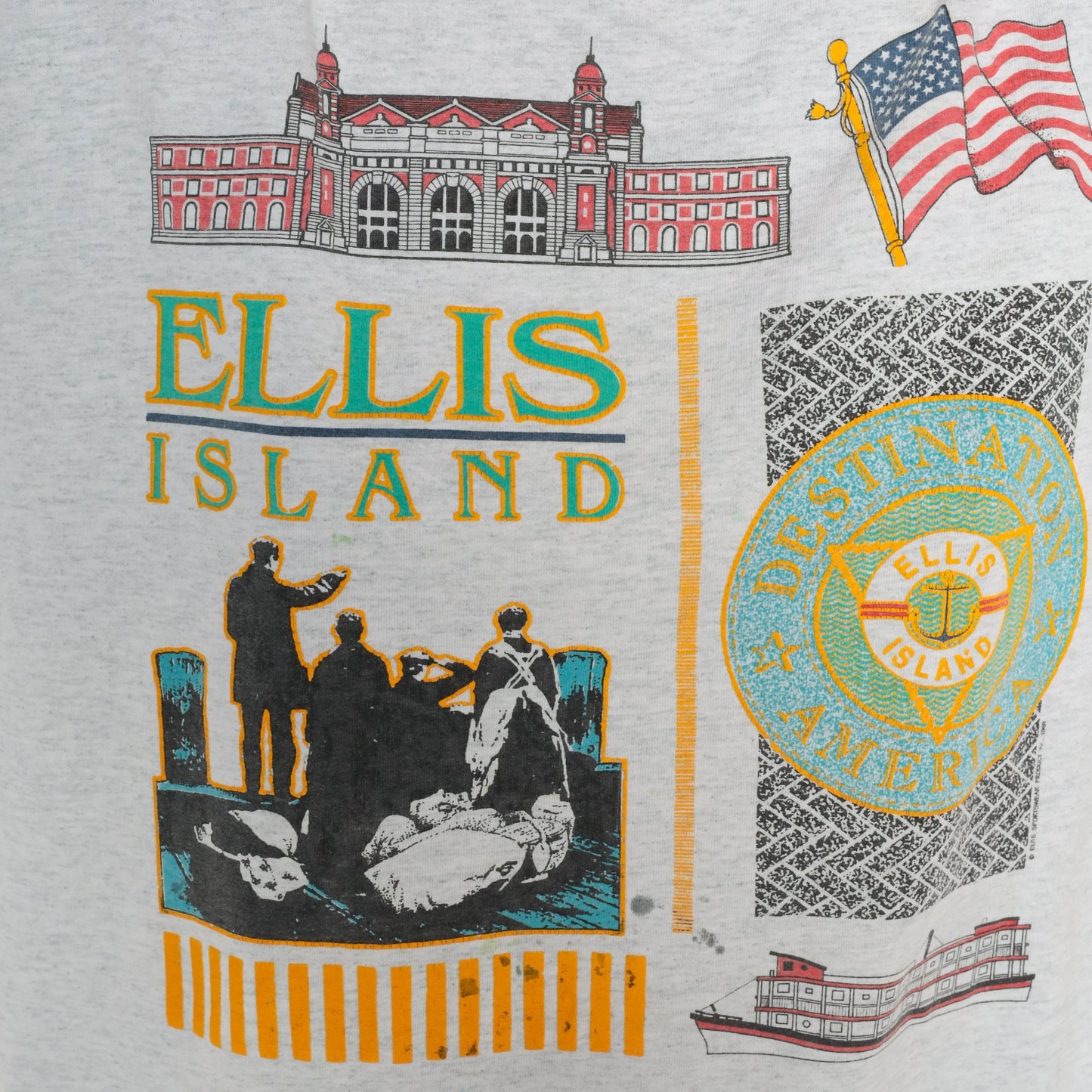 90s Ellis Island New York Graphic T-Shirt Light Heather Grey Extra Large XL