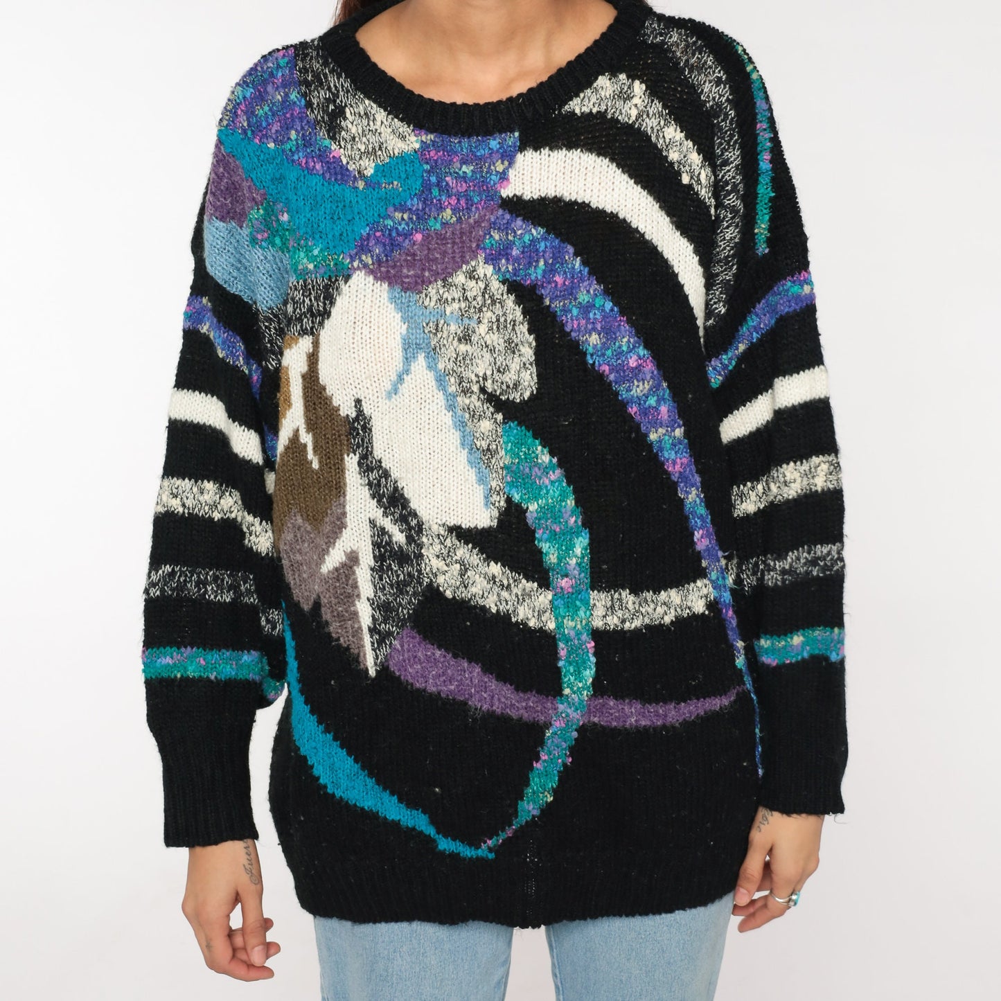 80s Black Knit Sweater Abstract Striped Leaf Print Multicolor Large L