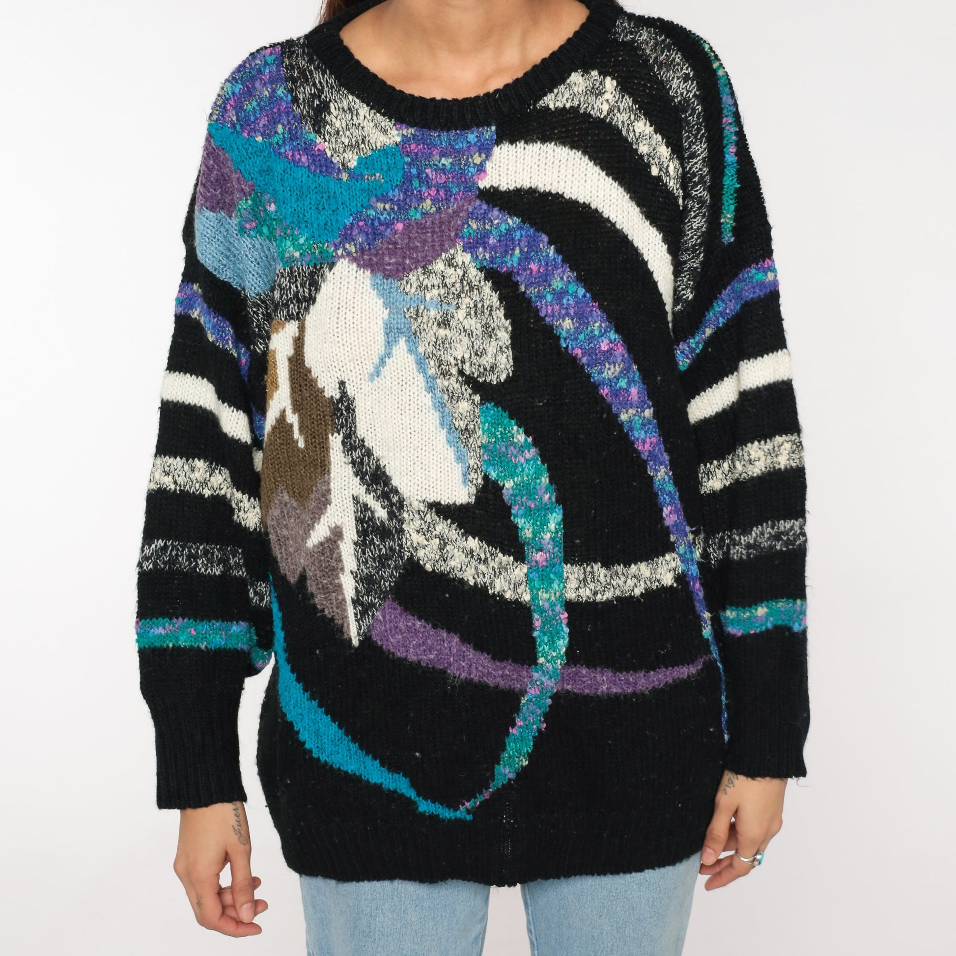80s Black Knit Sweater Abstract Striped Leaf Print Multicolor Large L