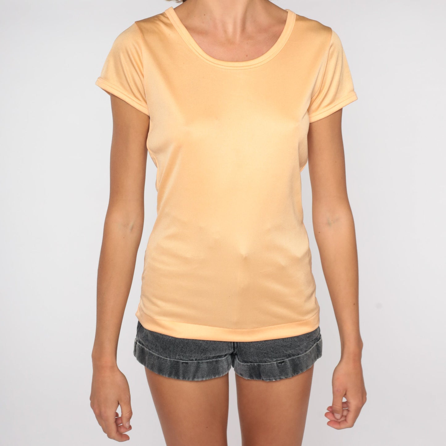 80s Peach Scoop Neck T-Shirt Shiny Polyester Short Sleeve Small