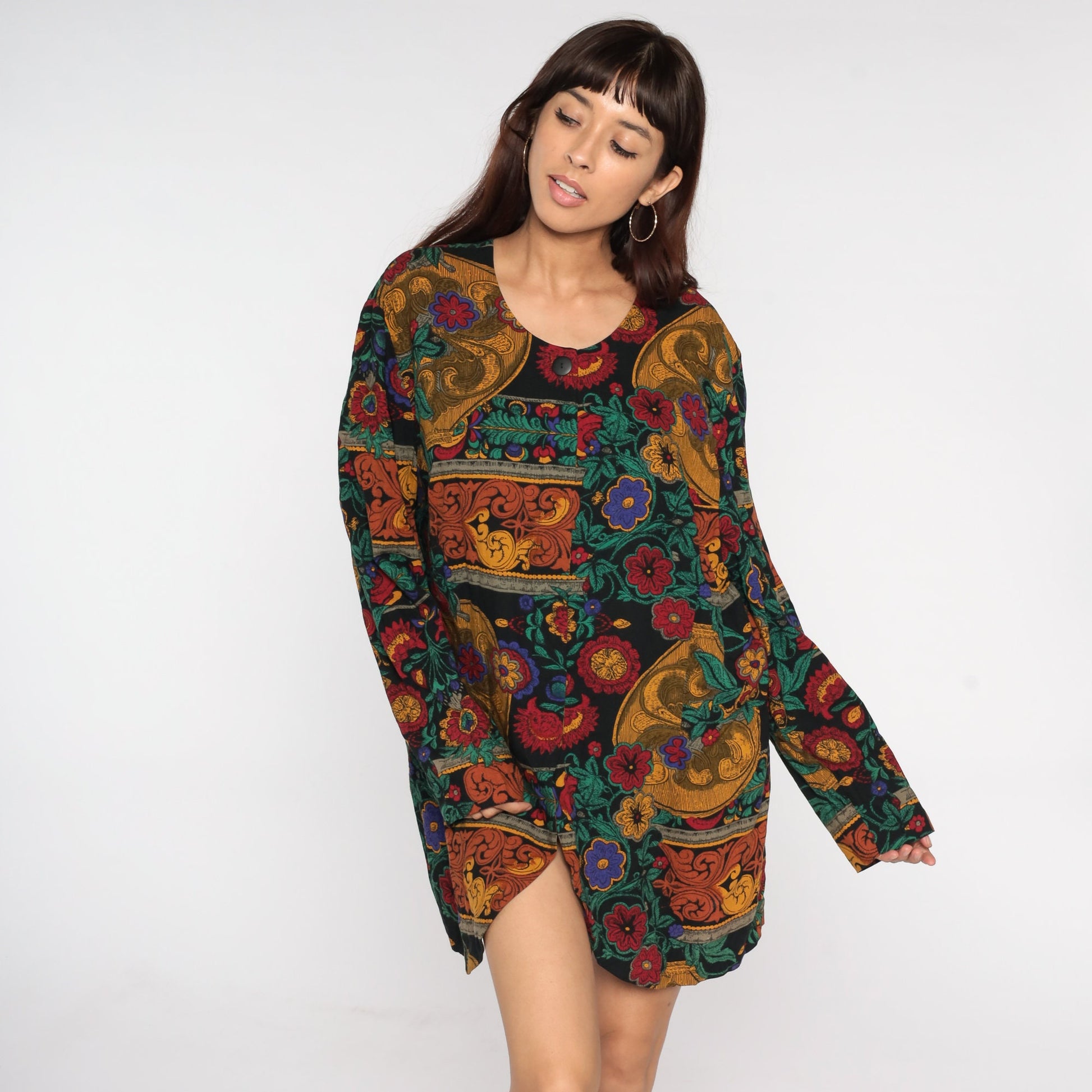 90s Dark Floral Rayon Blouse Long Sleeve Front Slit Tunic Large L