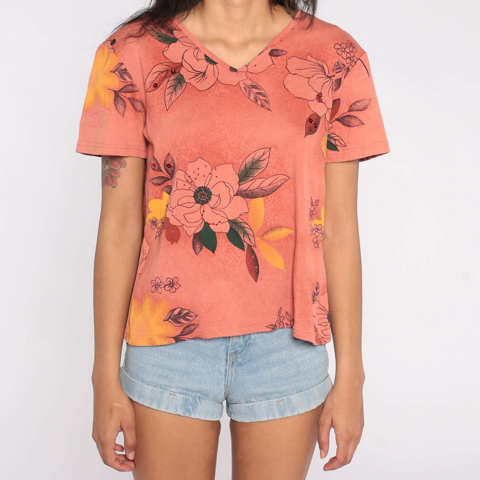 90s Floral V-Neck T-Shirt Coral Pink Flower Print Tee Large L