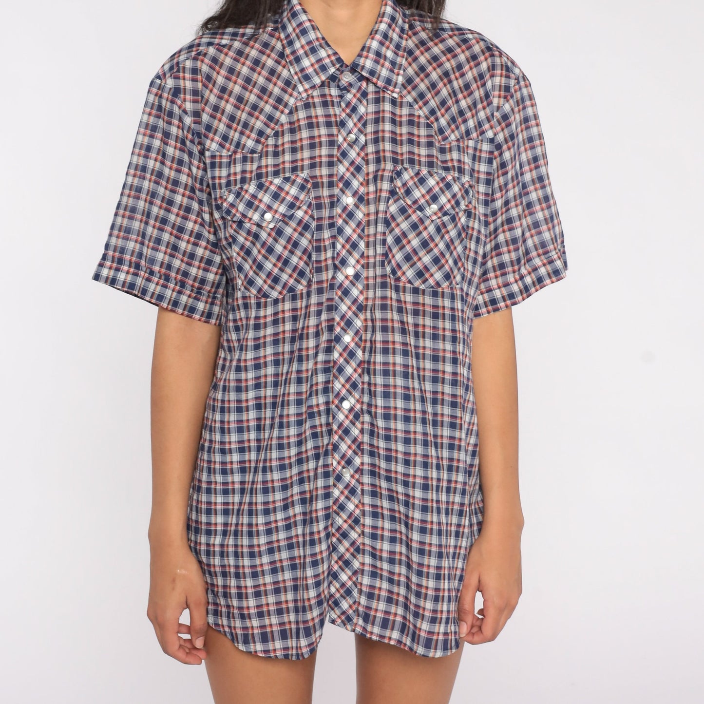 80s Western Pearl Snap Shirt Blue Red Plaid Short Sleeve Extra Large XL