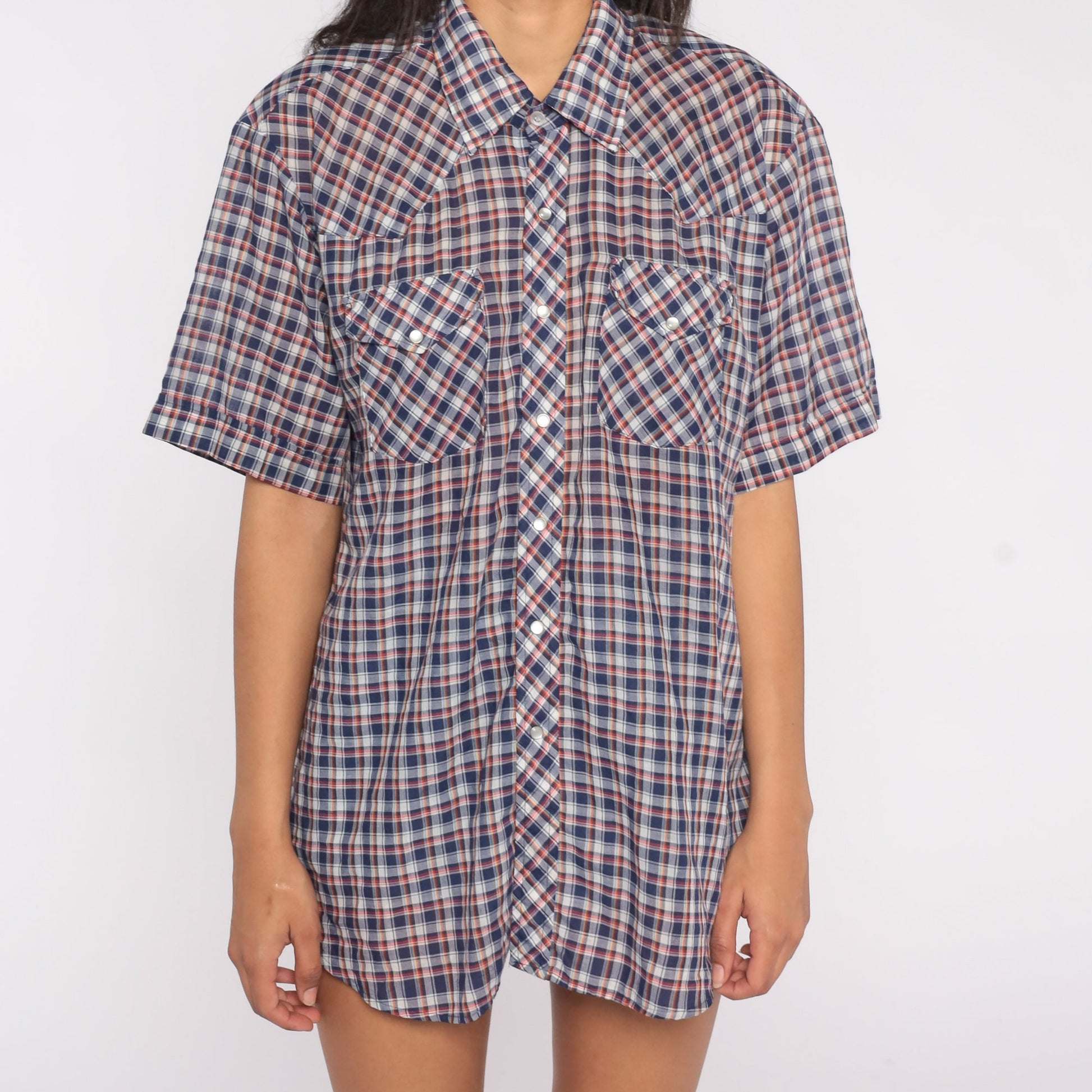 80s Western Pearl Snap Shirt Blue Red Plaid Short Sleeve Extra Large XL