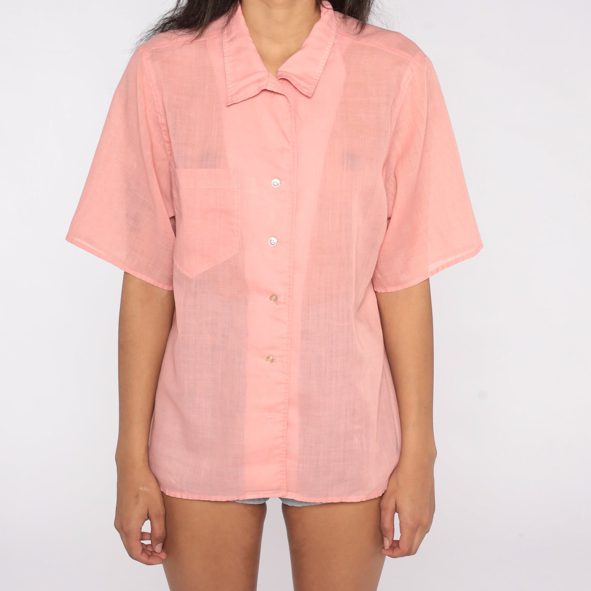 80s Pink Semi-Sheer Button-Up Blouse Short Sleeve Cotton Blend Extra Large