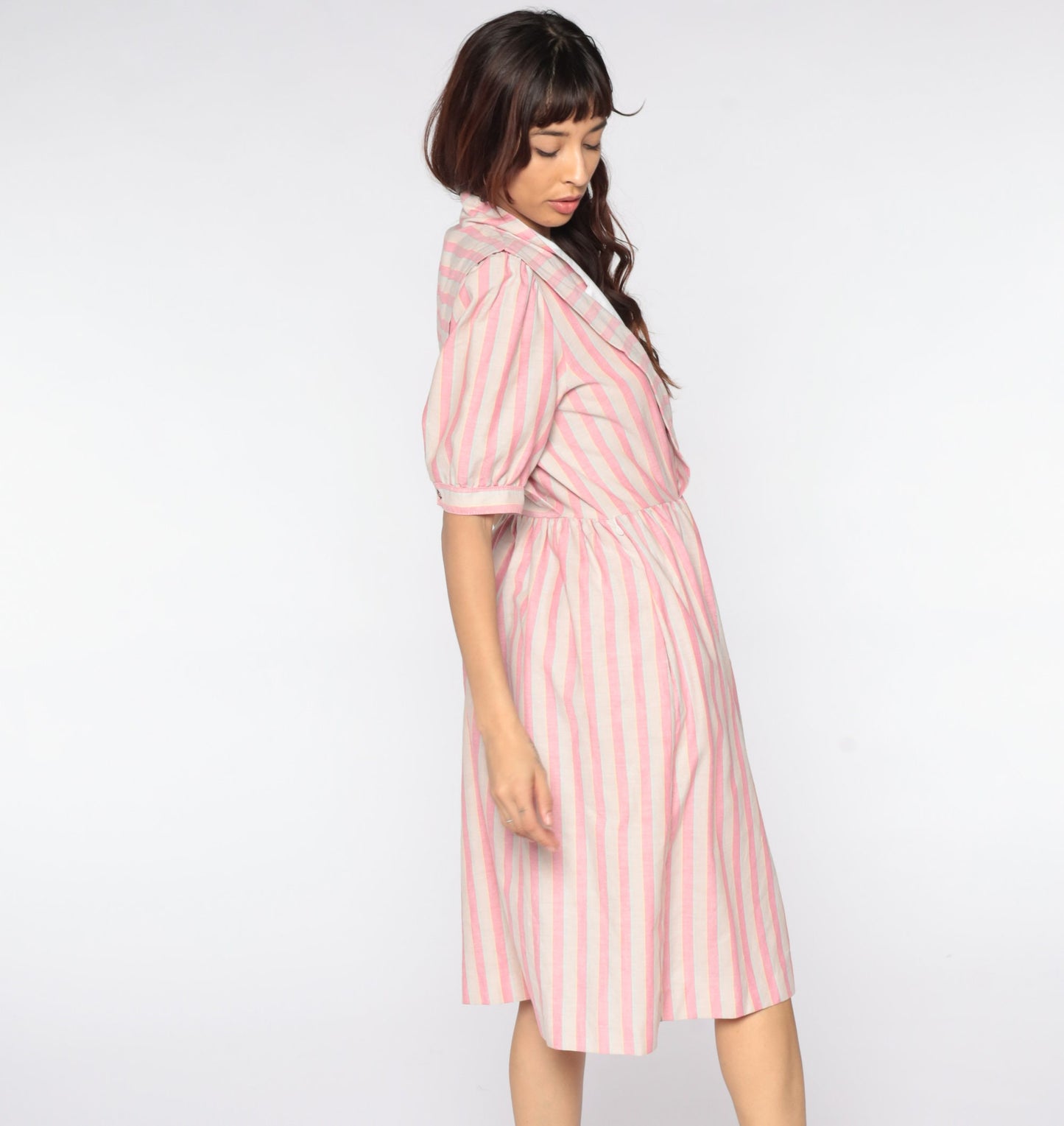 80s Pink Striped Midi Wrap Dress Puff Sleeve V-Neck Medium
