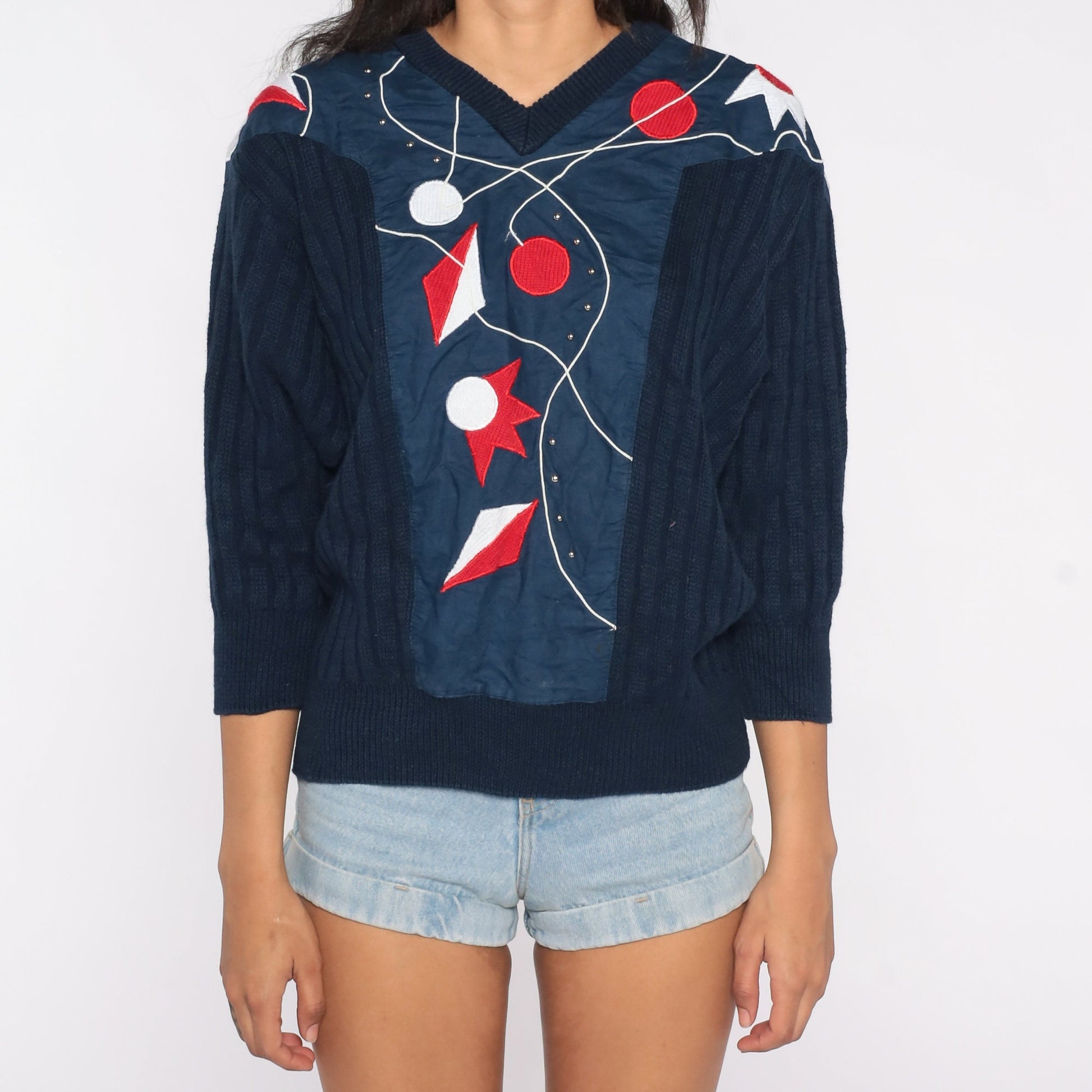 80s Navy Embroidered Abstract Geometric Sweater V-Neck Knit Pullover Medium