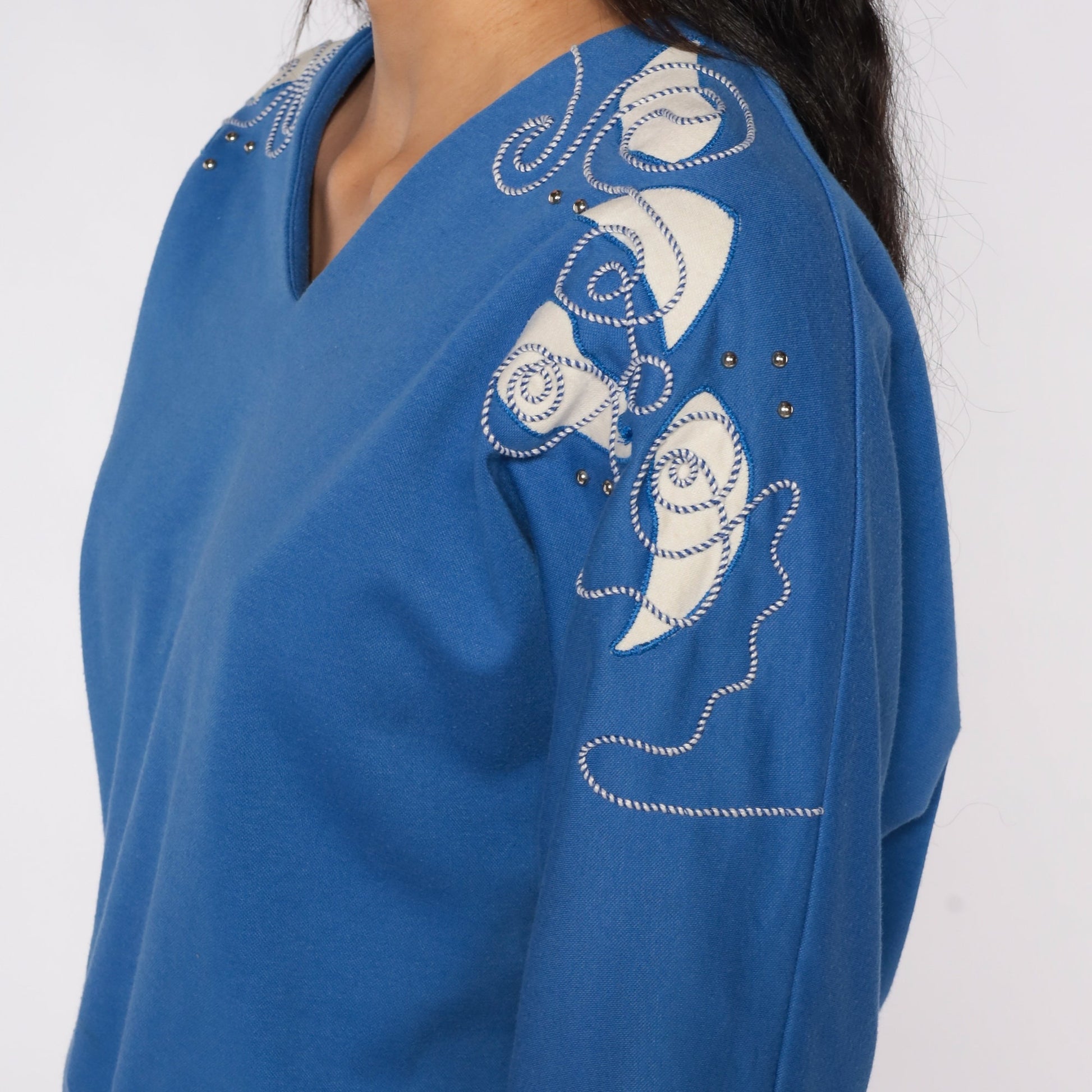 80s Blue Dolman Top V Neck Studded Shoulder Abstract Print Medium
