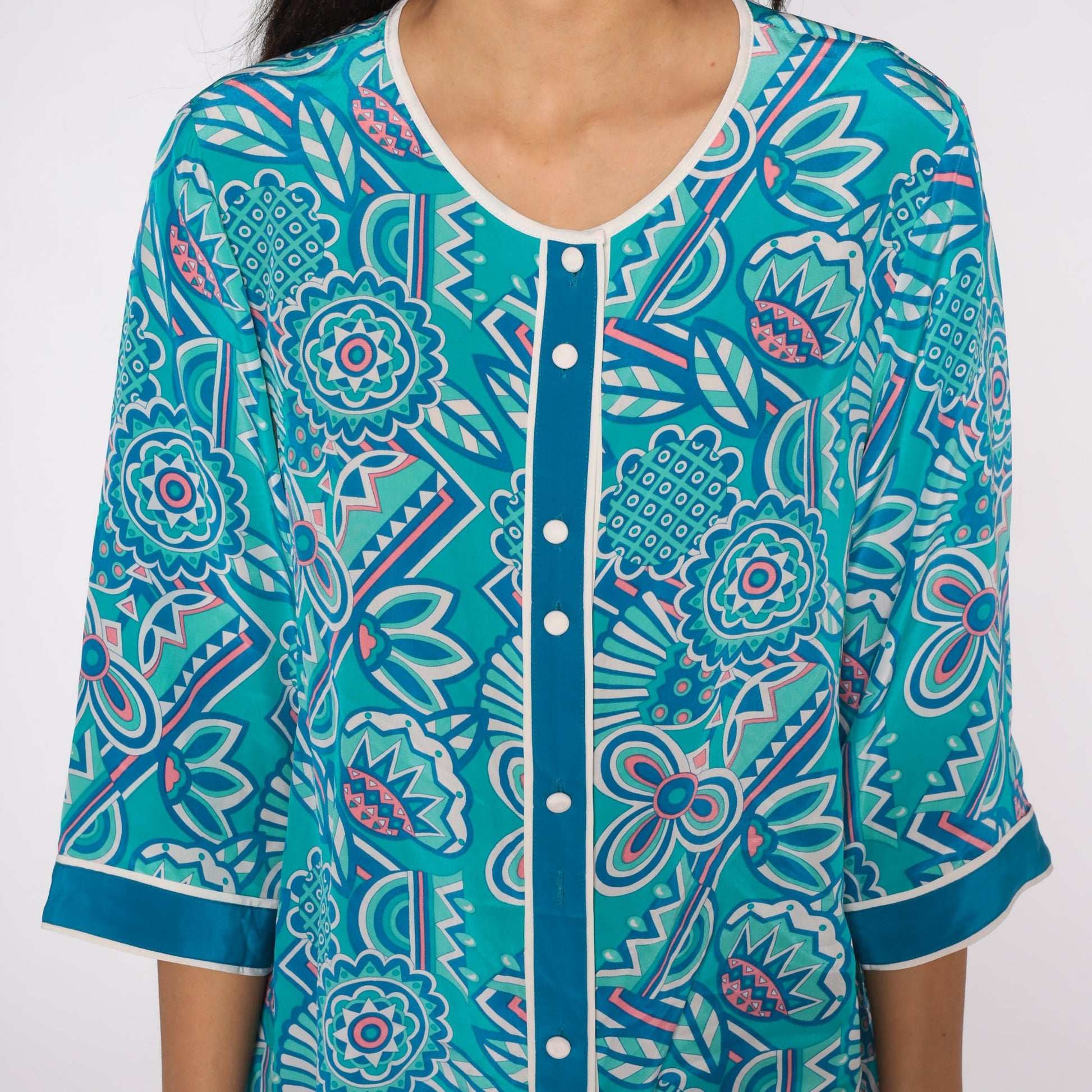 Bob Mackie Silk Floral Blouse 90s Blue Flower Print Button Up 3/4 Sleeve Medium M