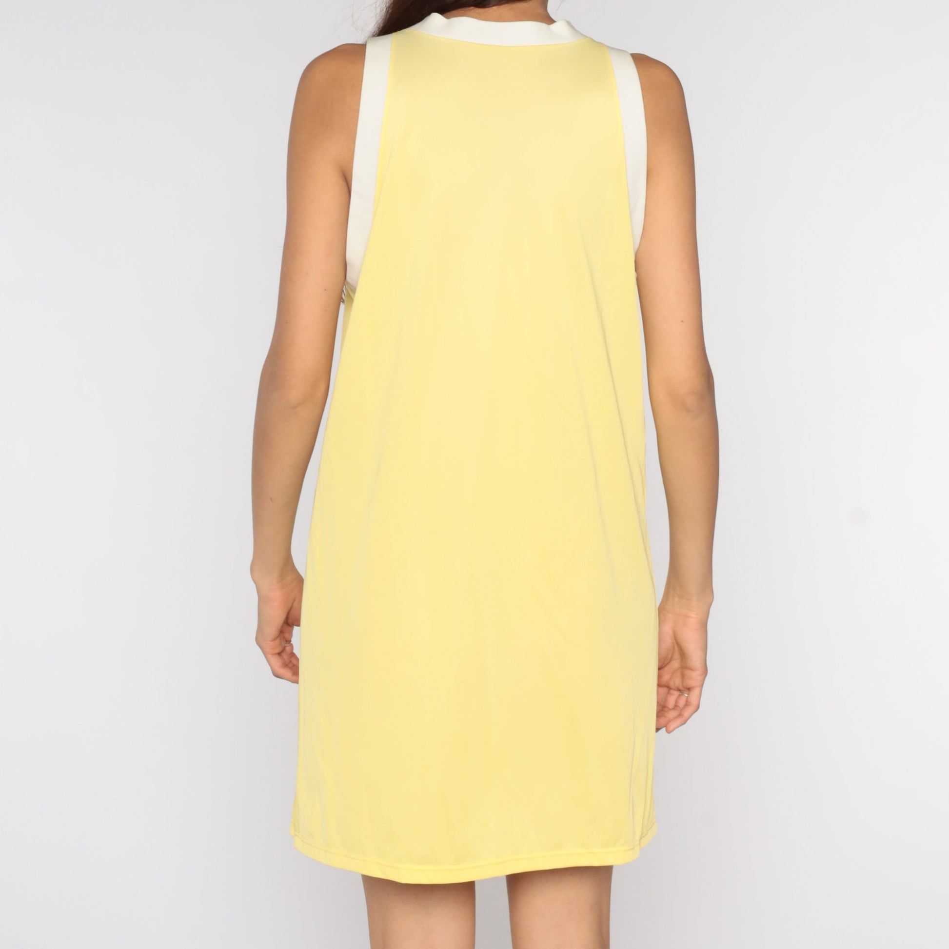 70s Yellow Shift Dress Mini Nylon Lounge White Trim V-Neck Medium