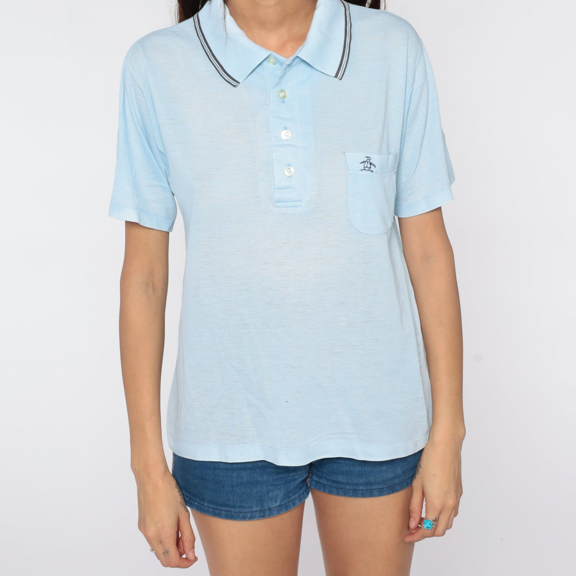 80s Munsingwear Polo Shirt Baby Blue Half-Button Cotton Medium