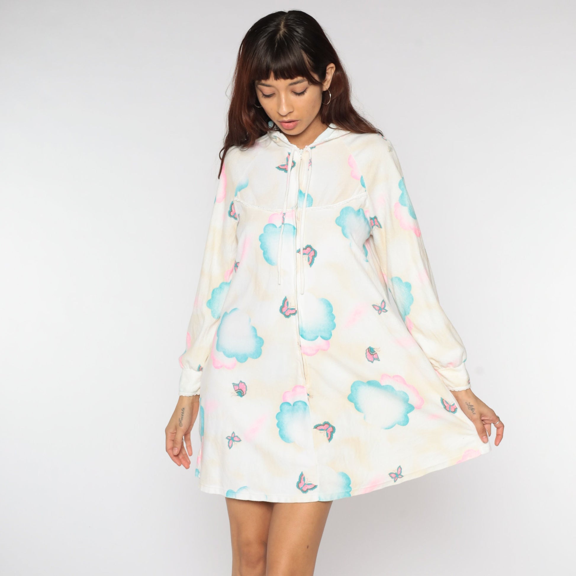 70s Hooded Lounge Dress Mini Butterfly Cloud Print Shift Beige White Small