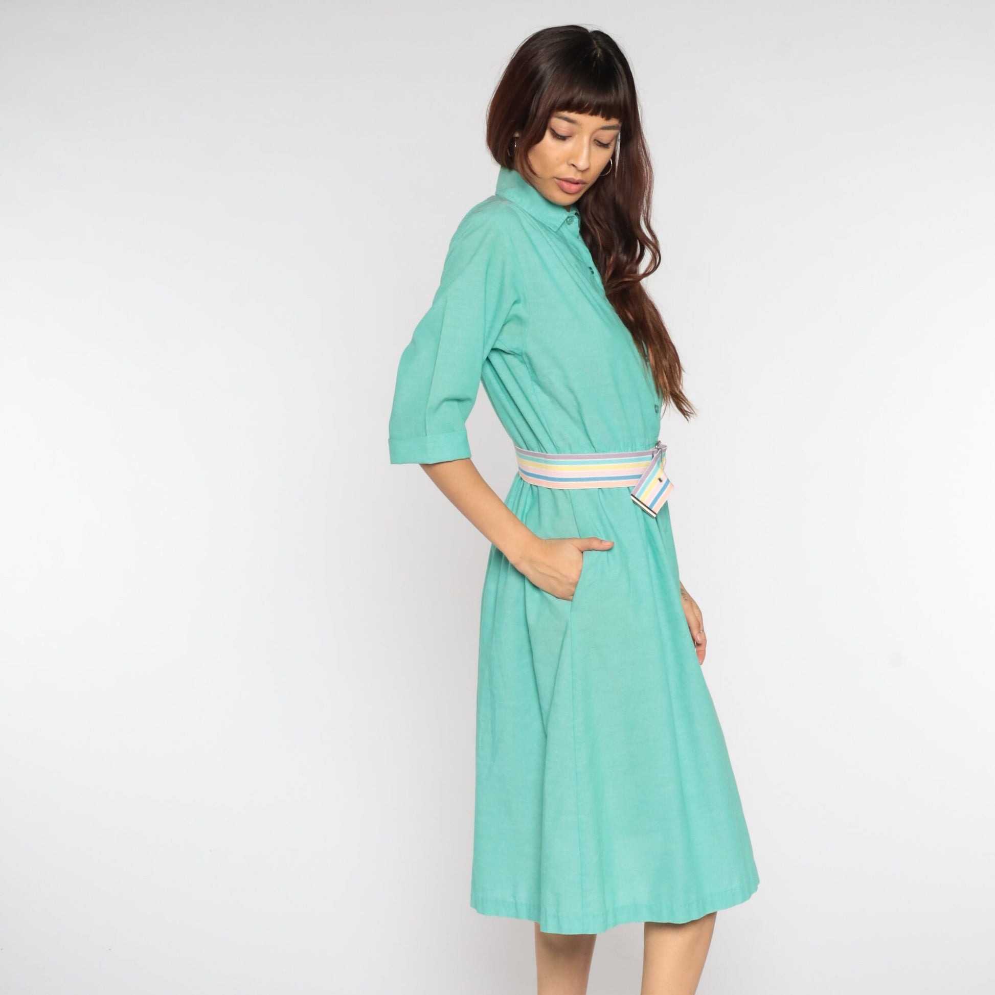 80s Green Shirtwaist Midi Dress High Waist Button Up 3/4 Sleeve Medium Petite