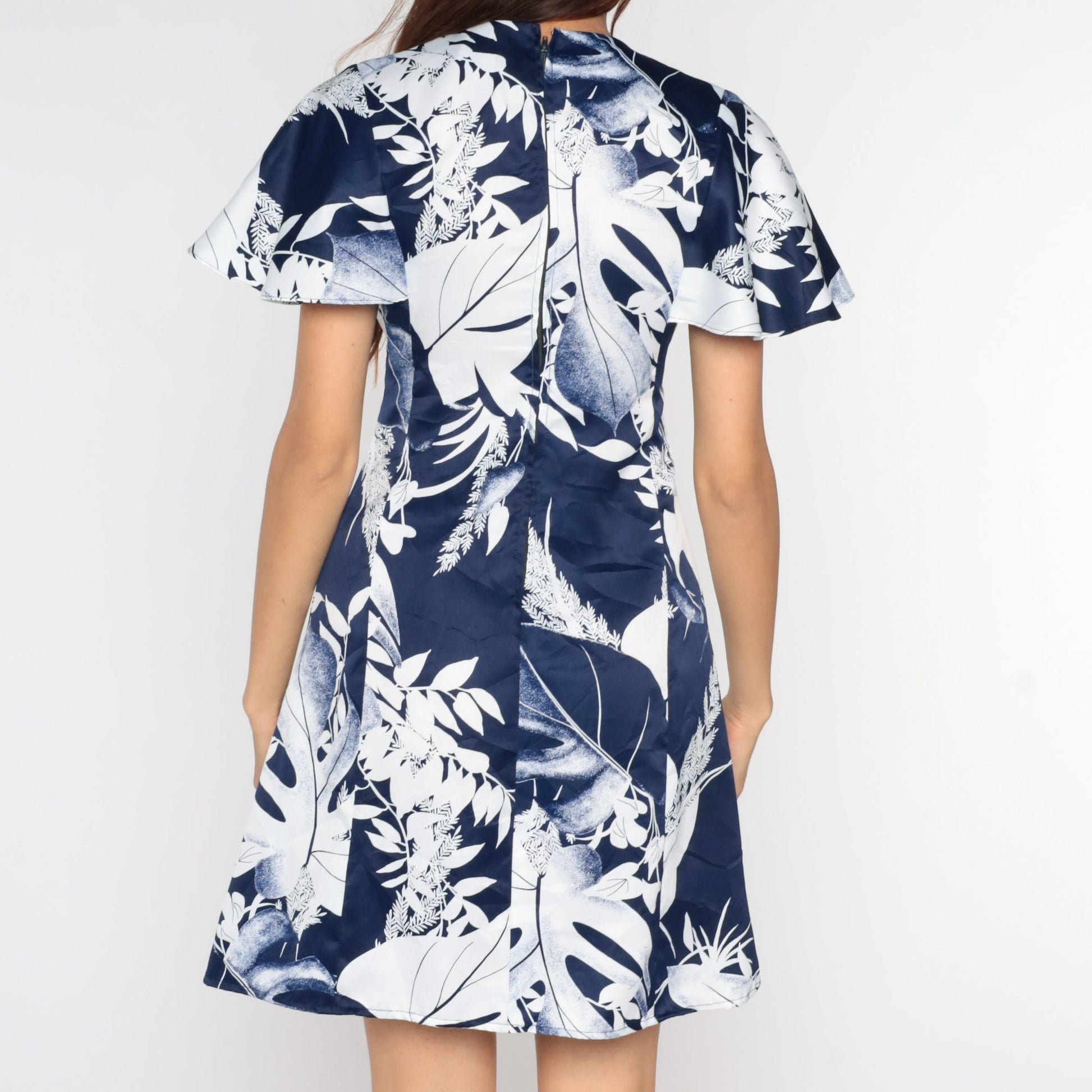 70s Babydoll Mini Dress Navy Leaf Print Empire Waist Flutter Sleeve Small