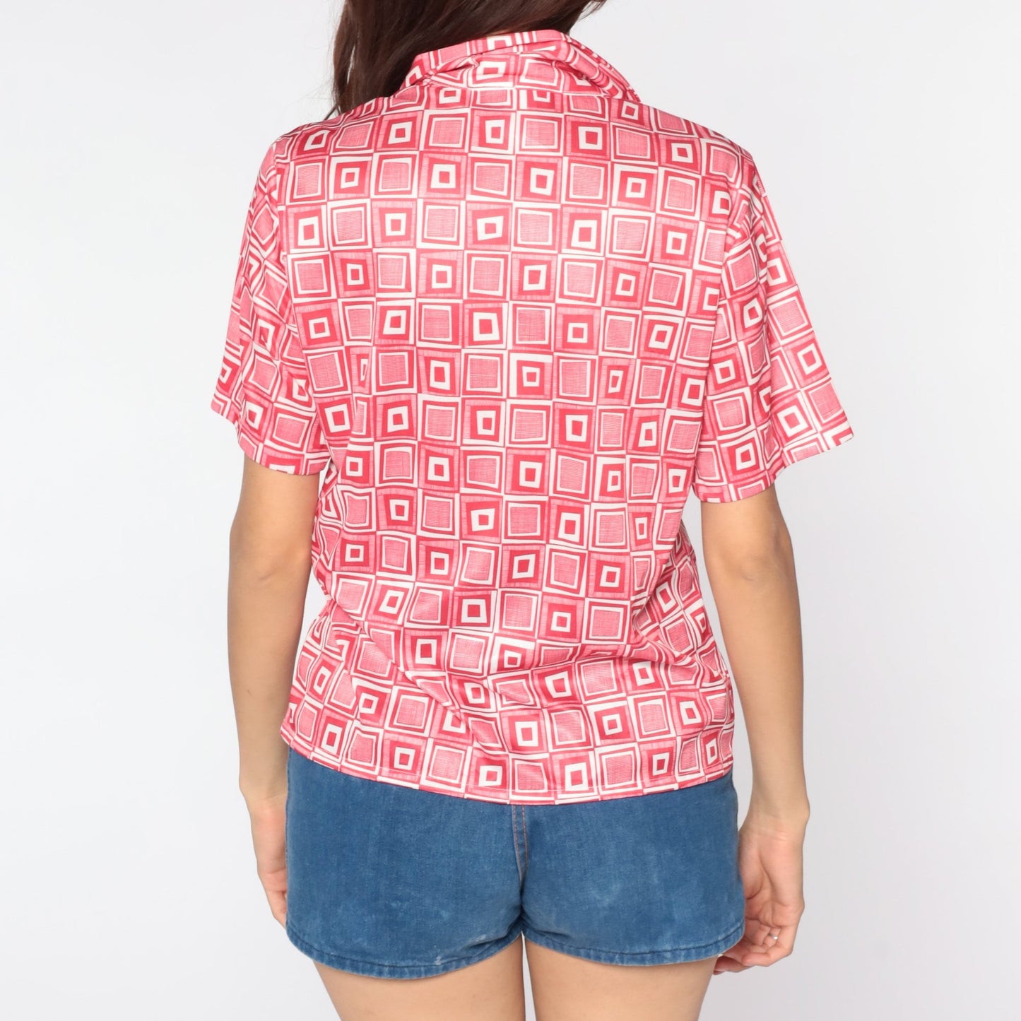 70s Geometric Print Button-Up Blouse Red White Psychedelic Collar Shirt Small