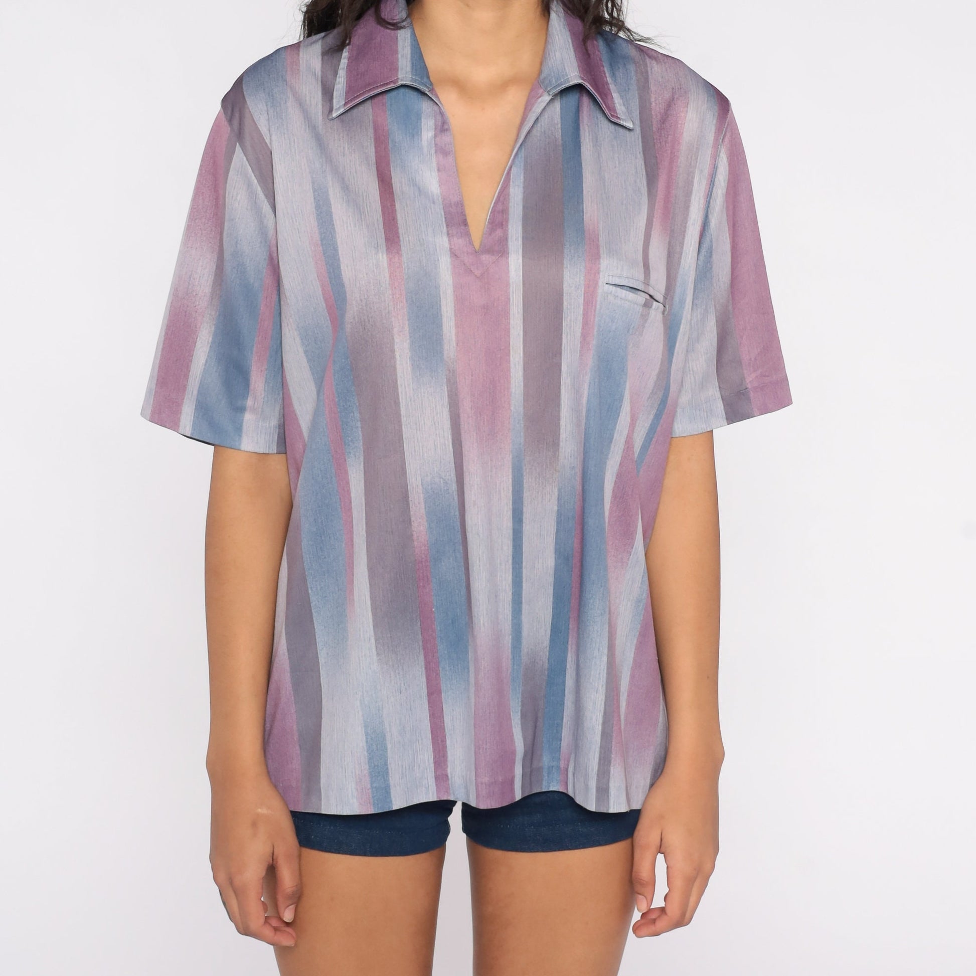 70s Striped V-Neck Blouse Purple Blue Short Sleeve Small