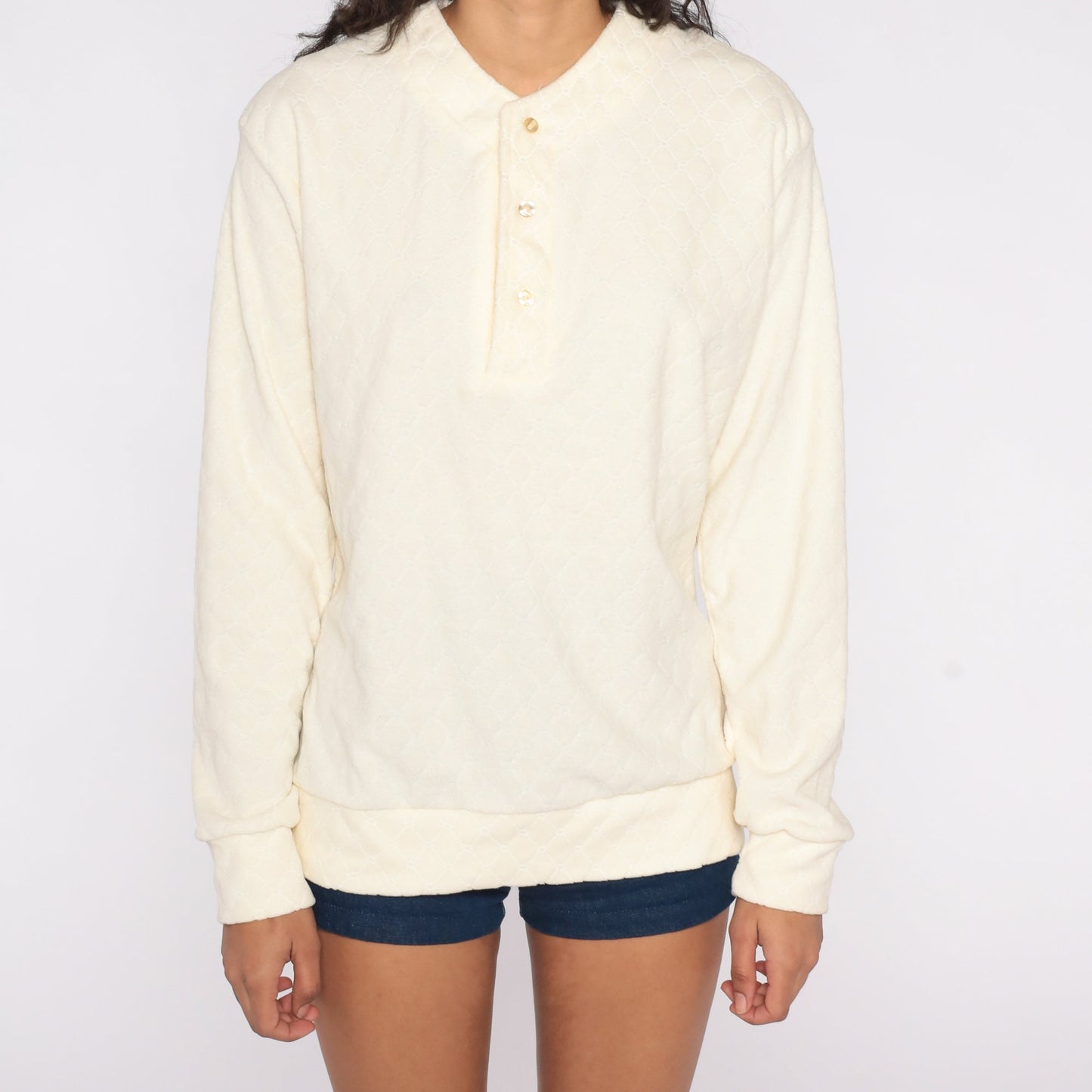 80s Cream Henley Quilted Terry Sweatshirt Long Sleeve Pullover Medium