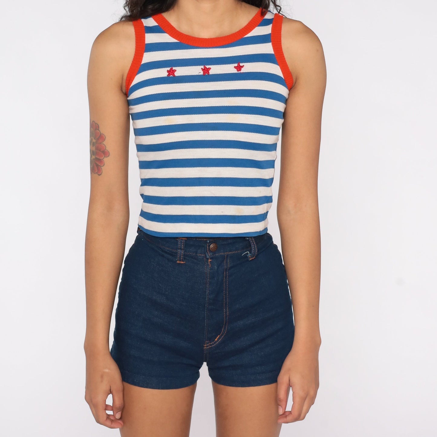 70s Starfish Tank Top White Blue Striped Ringer Tee XXS