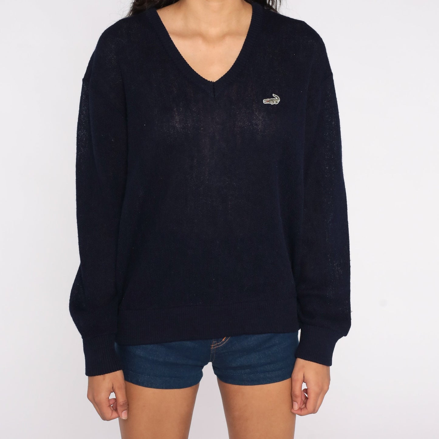 80s Navy Crocodile V-Neck Knit Sweater Slouchy Large L