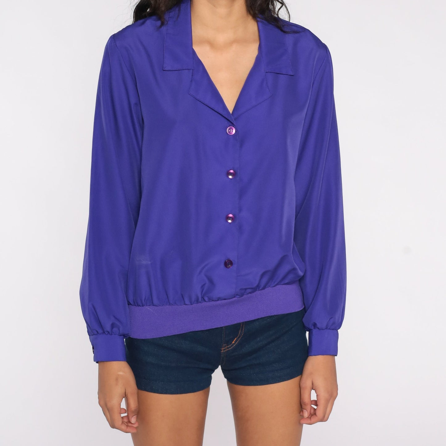 80s Purple Button-Up Blouse Long Sleeve Collared Shirt Medium