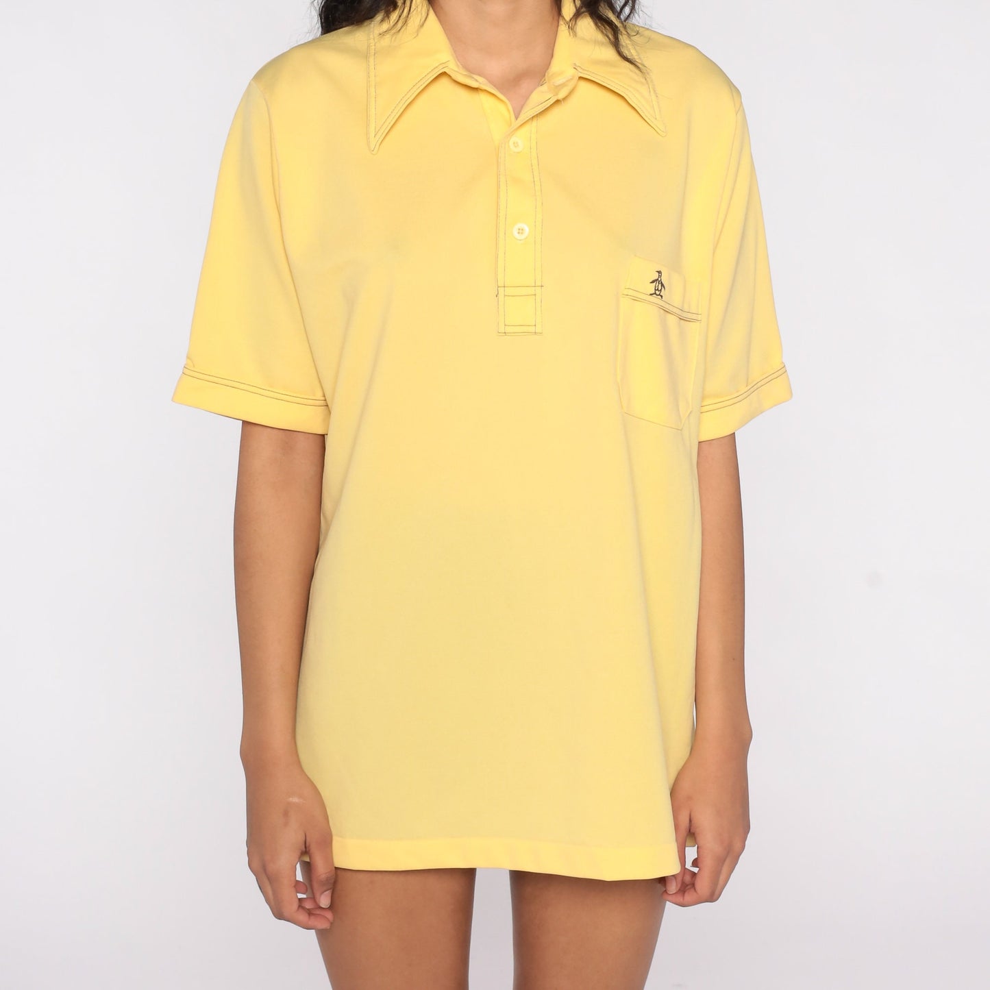 70s Munsingwear Penguin Polo Shirt Yellow Half-Button Collared Large