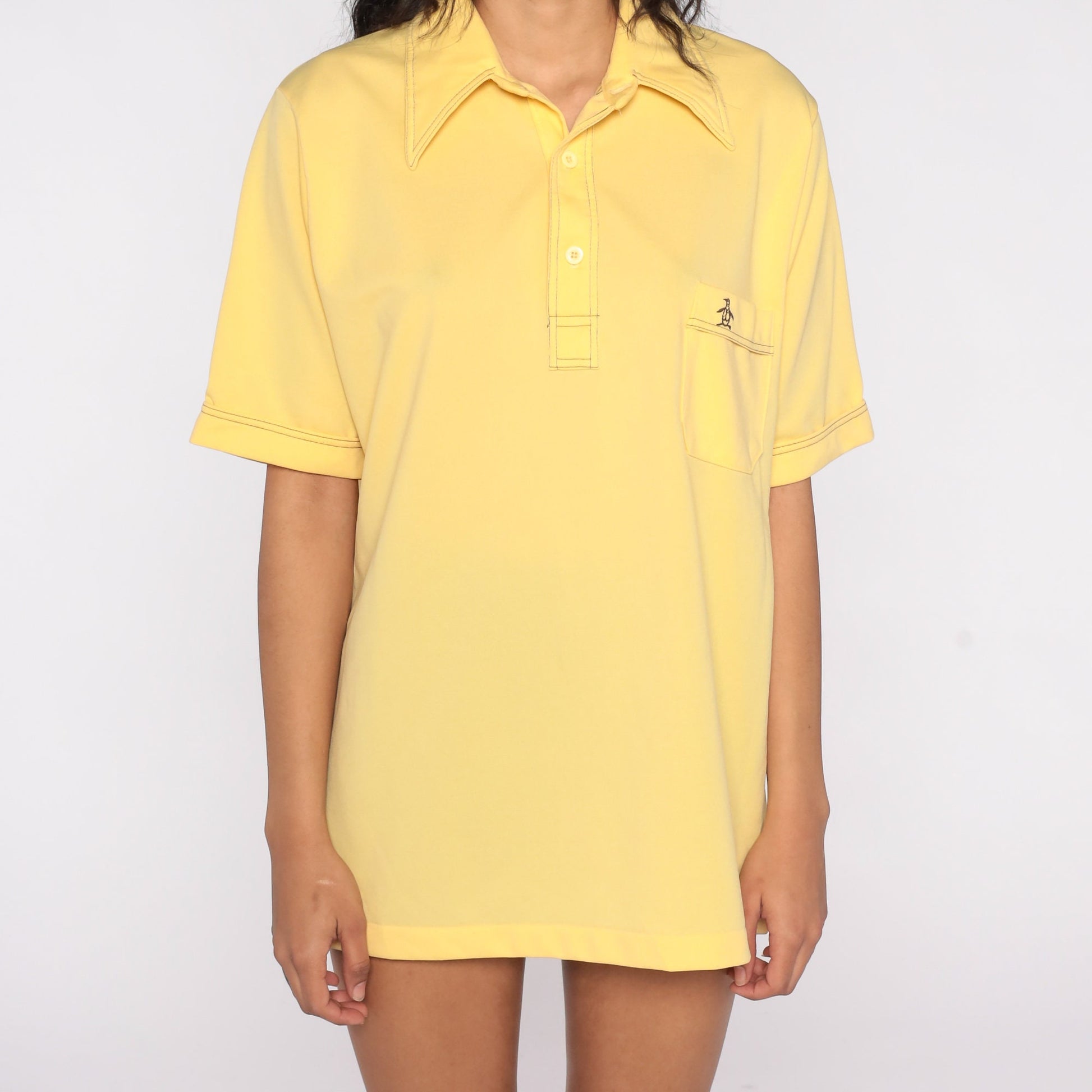 70s Munsingwear Penguin Polo Shirt Yellow Half-Button Collared Large