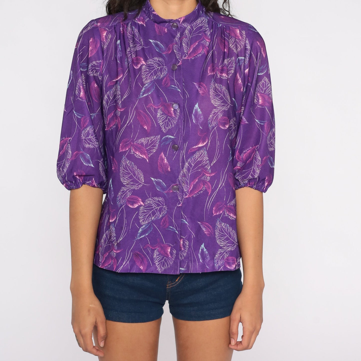 70s Purple Leaf Print Button-Up Blouse Mandarin Collar 3/4 Sleeve Small