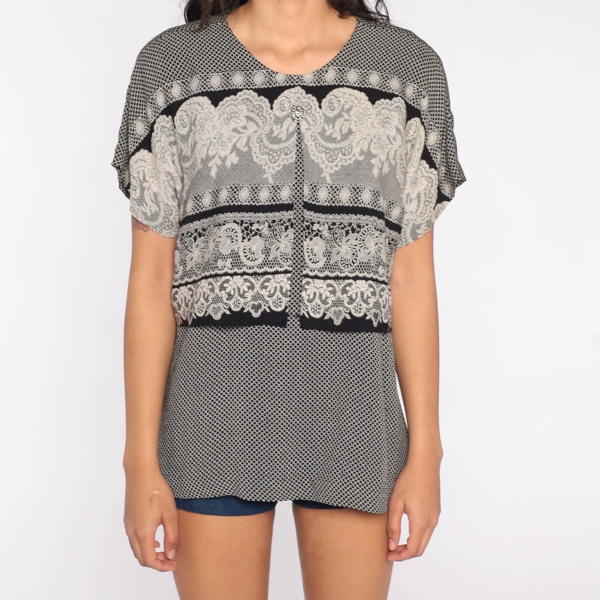 90s Grey Lace Print Floral Blouse Patterned Shirt Medium