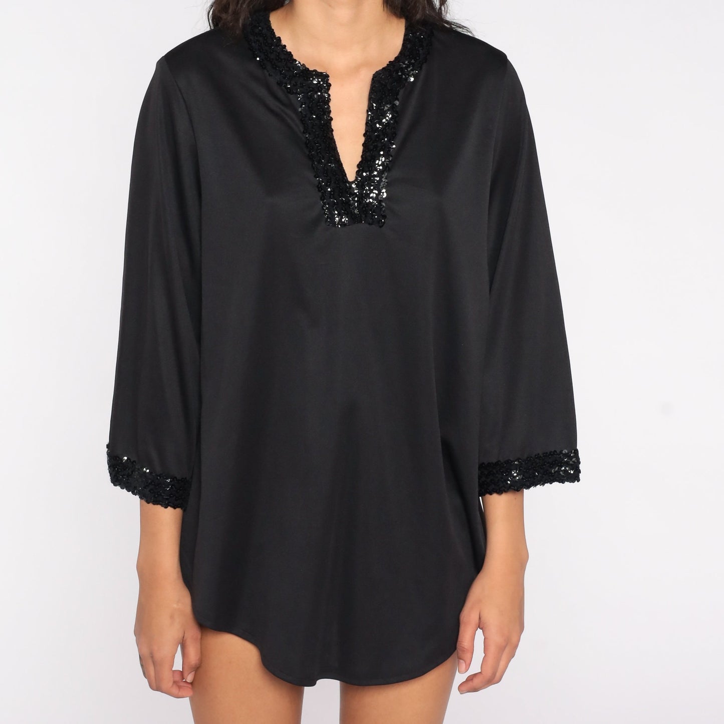 70s Black Sequin Blouse V-Neck Slit Long Sleeve Disco Party Top Medium Large