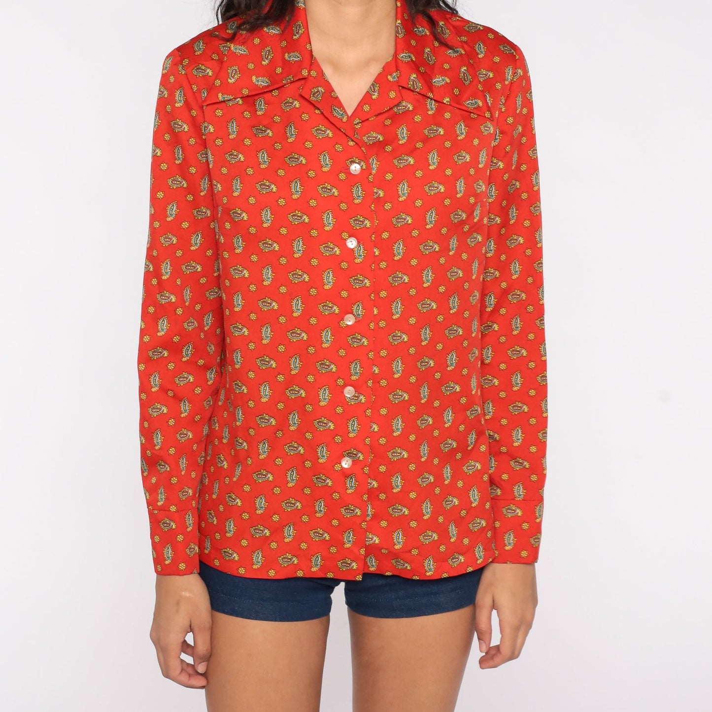 70s Paisley Print Dagger Collar Blouse Red-Orange Long Sleeve Medium