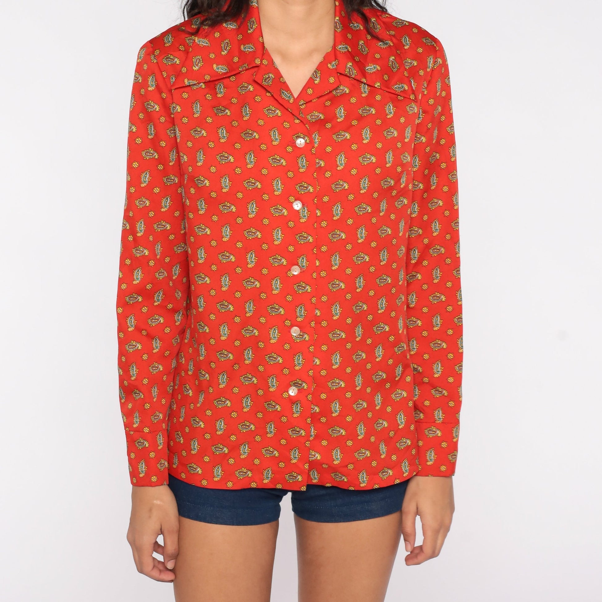 70s Paisley Print Dagger Collar Blouse Red-Orange Long Sleeve Medium