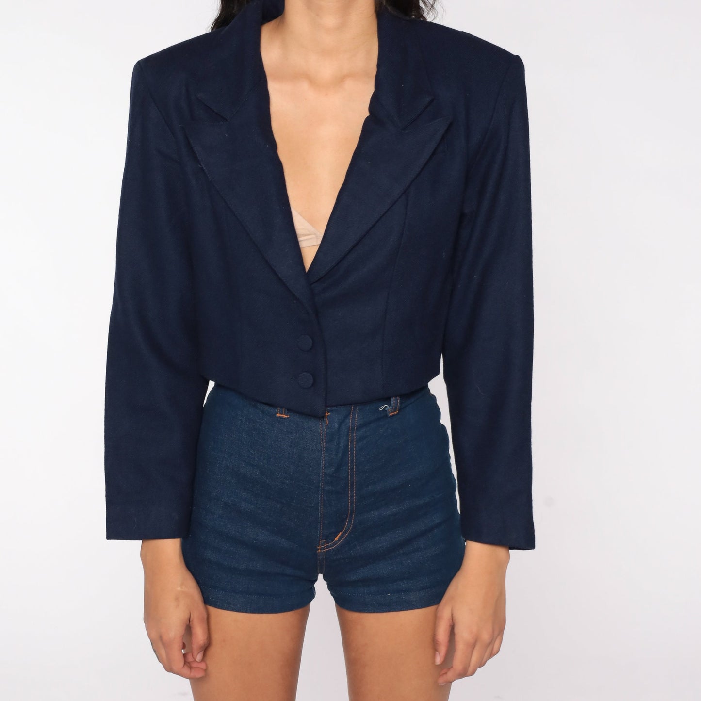 00s Navy Wool Blend Cropped Blazer Button-Up Tailored Jacket Medium M