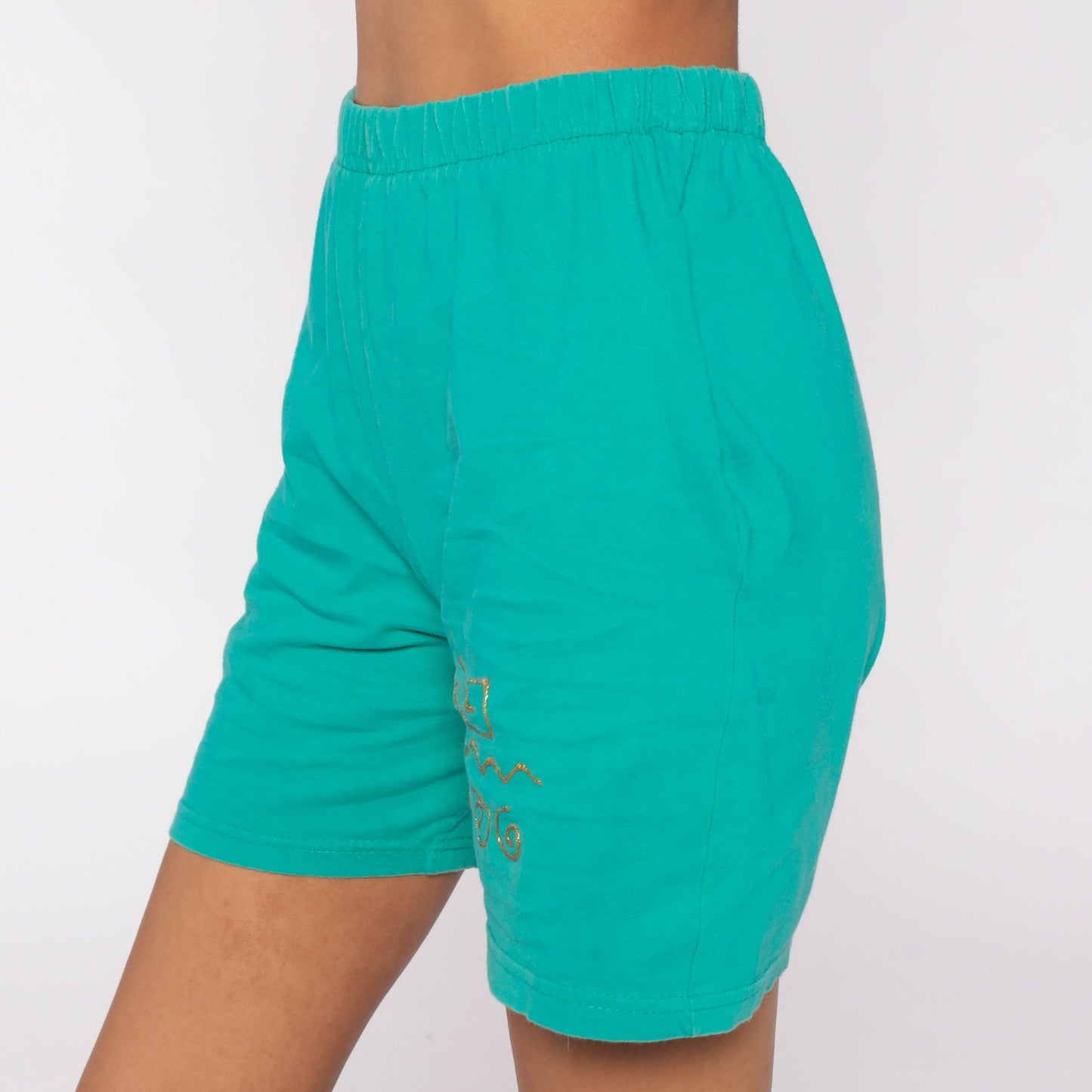 90s Green Gold Painted Elastic Waist Shorts High Rise Small S