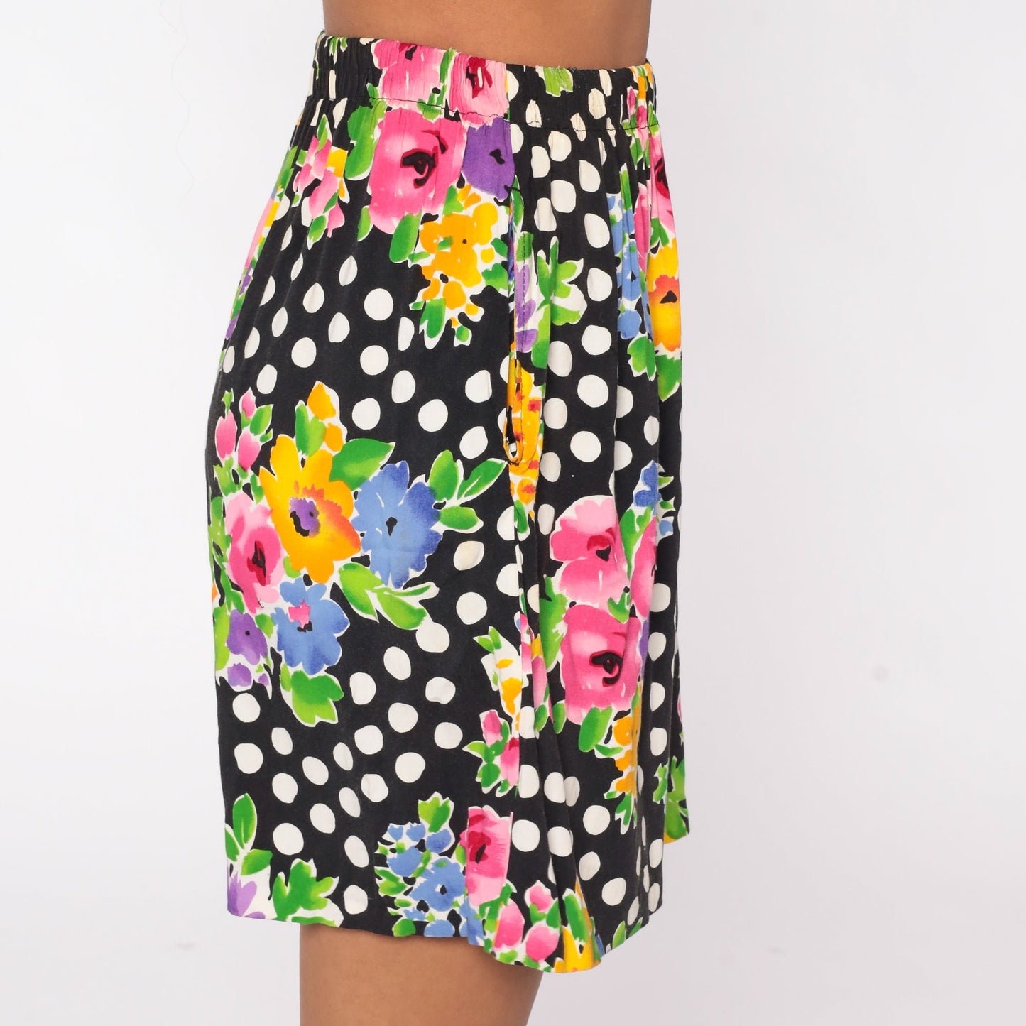 90s Floral Polka Dot High-Waisted Rayon Shorts Black White Small Medium