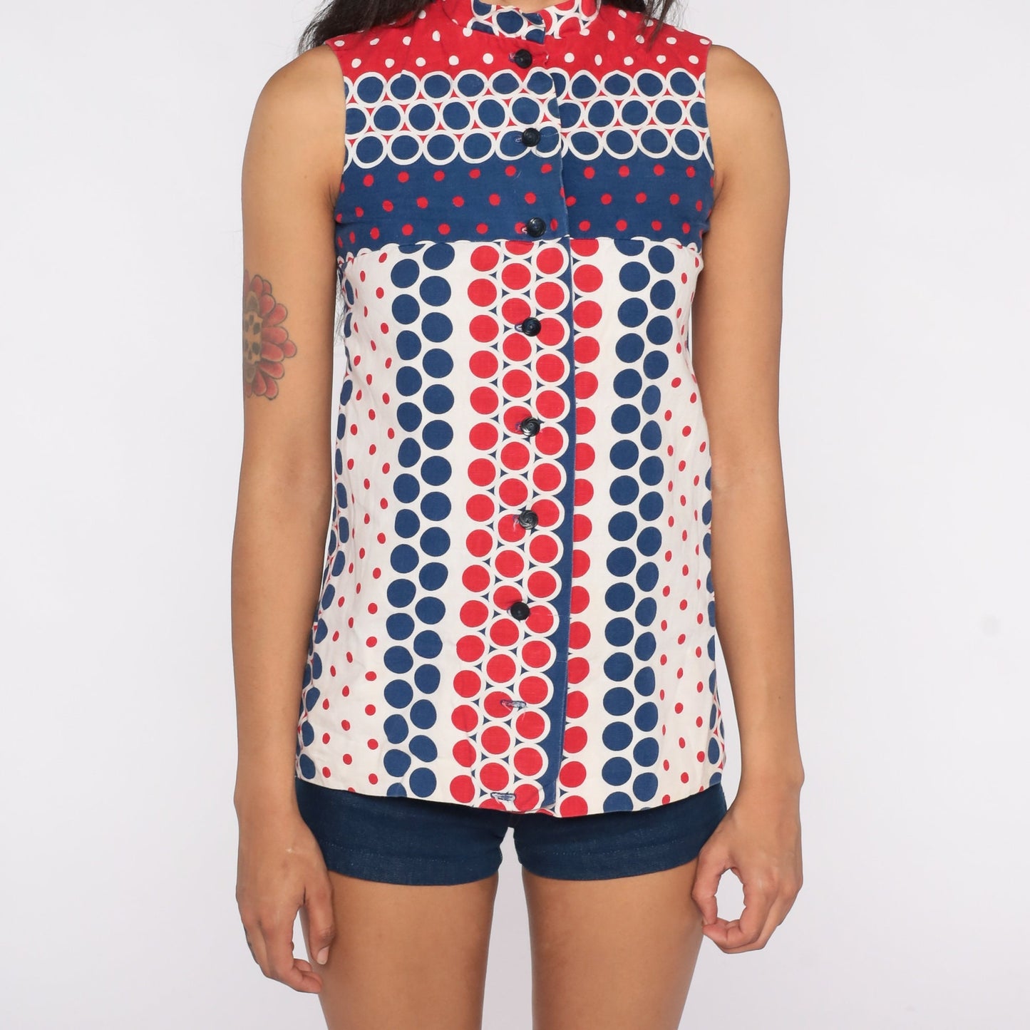 60s Mod Tank Top Polka Dot High Neck Button Front Red White Blue Extra Small XS
