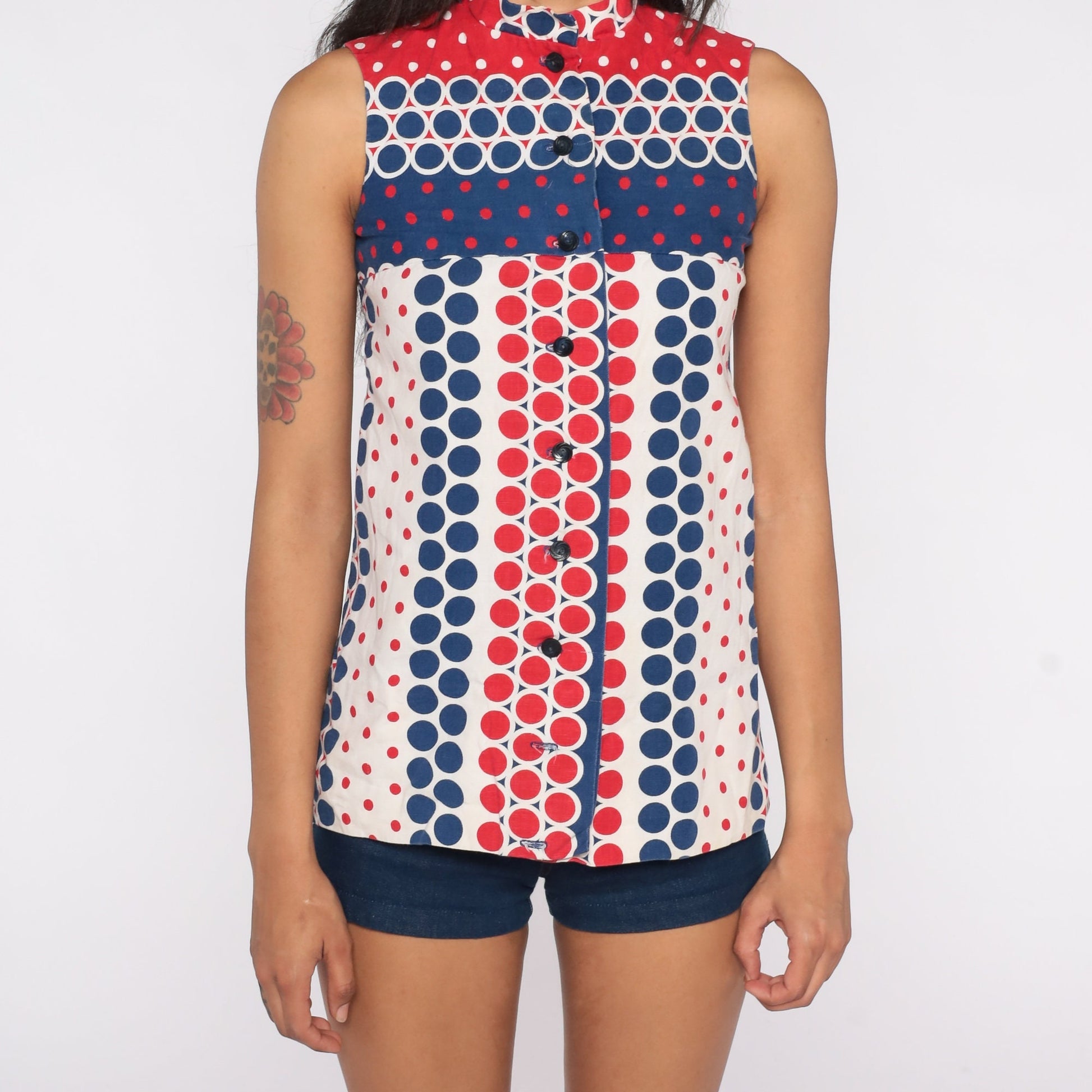 60s Mod Tank Top Polka Dot High Neck Button Front Red White Blue Extra Small XS