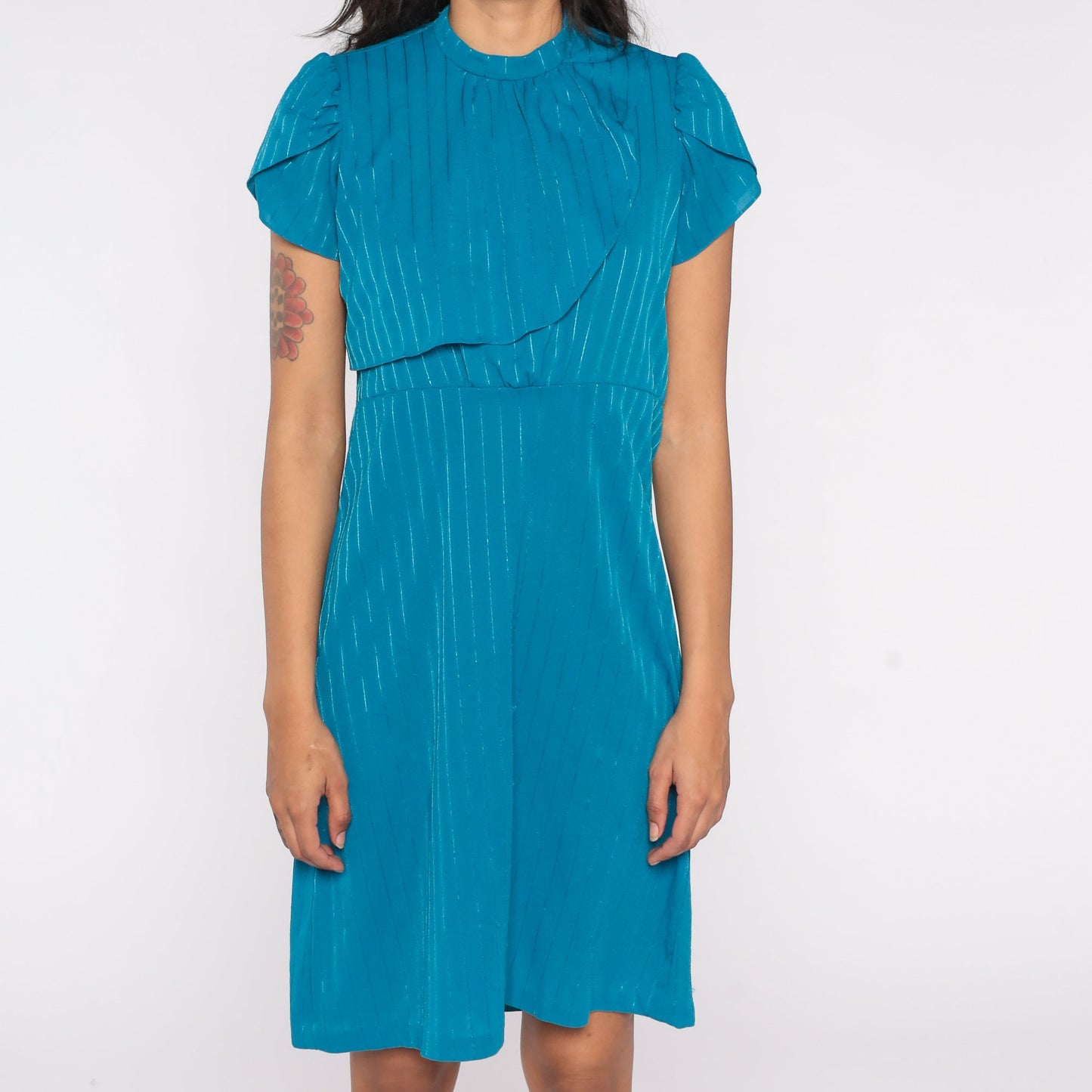 80s Blue Striped Puff Sleeve Dress Knee Length High Waist Small