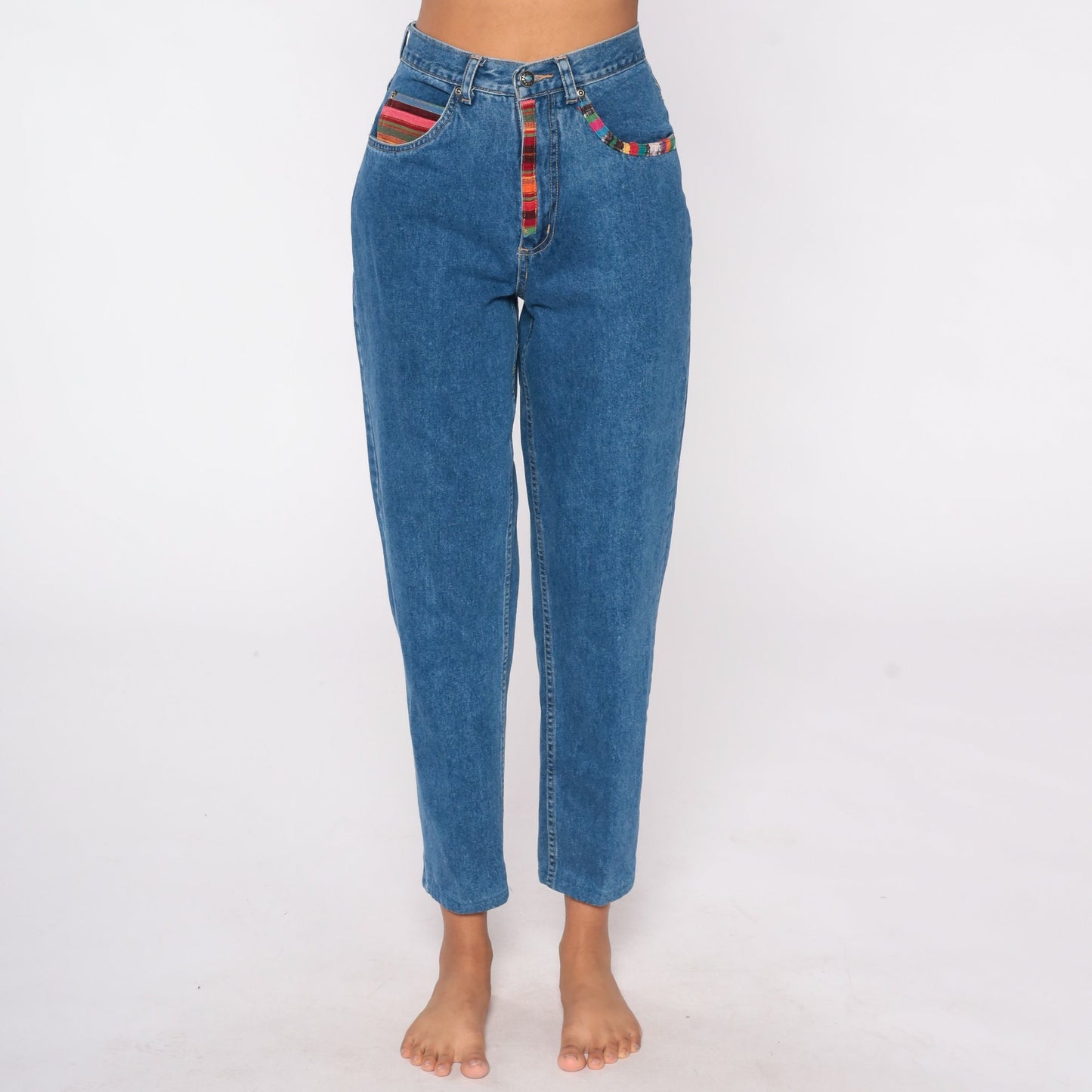 90s Southwestern High Waist Tapered Mom Jeans Blue Denim Small 4
