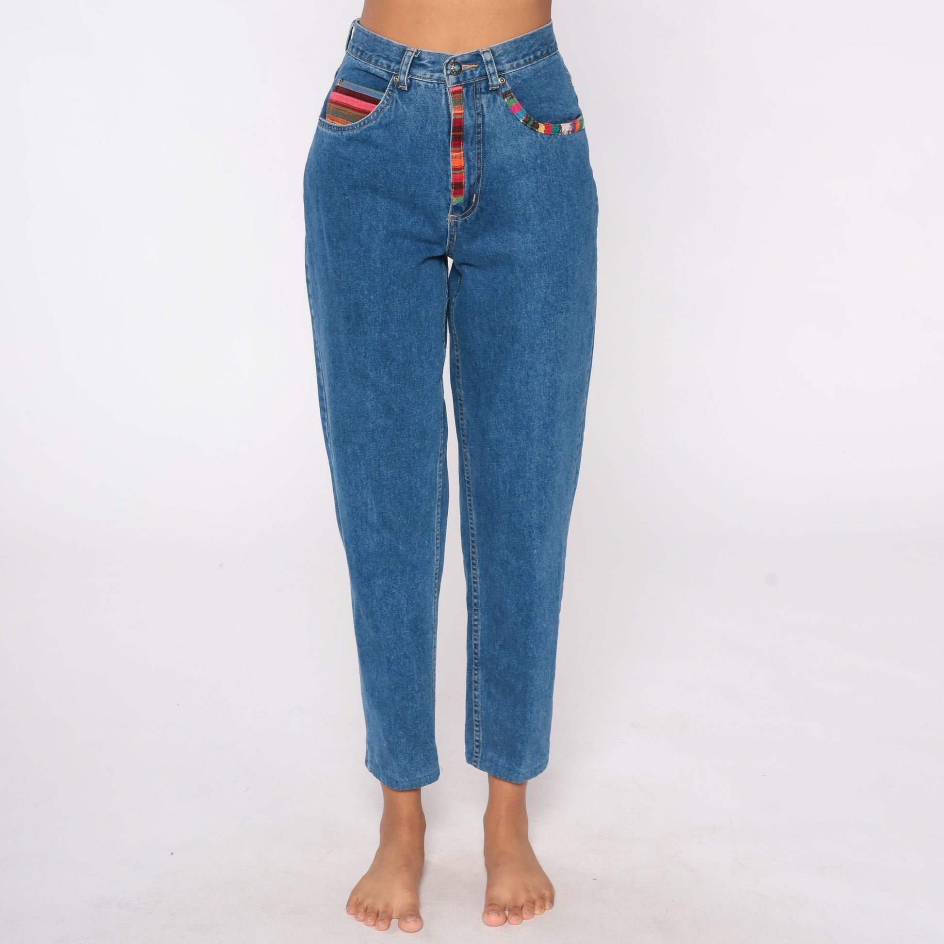 90s Southwestern High Waist Tapered Mom Jeans Blue Denim Small 4