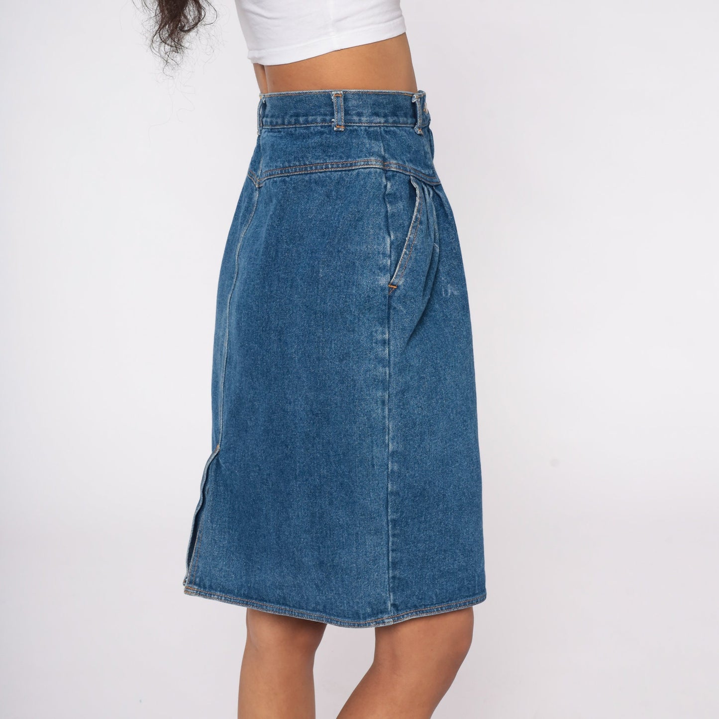 90s Blue Denim Pleated Mini Skirt High Waist Jean Pencil Skirt Extra Small