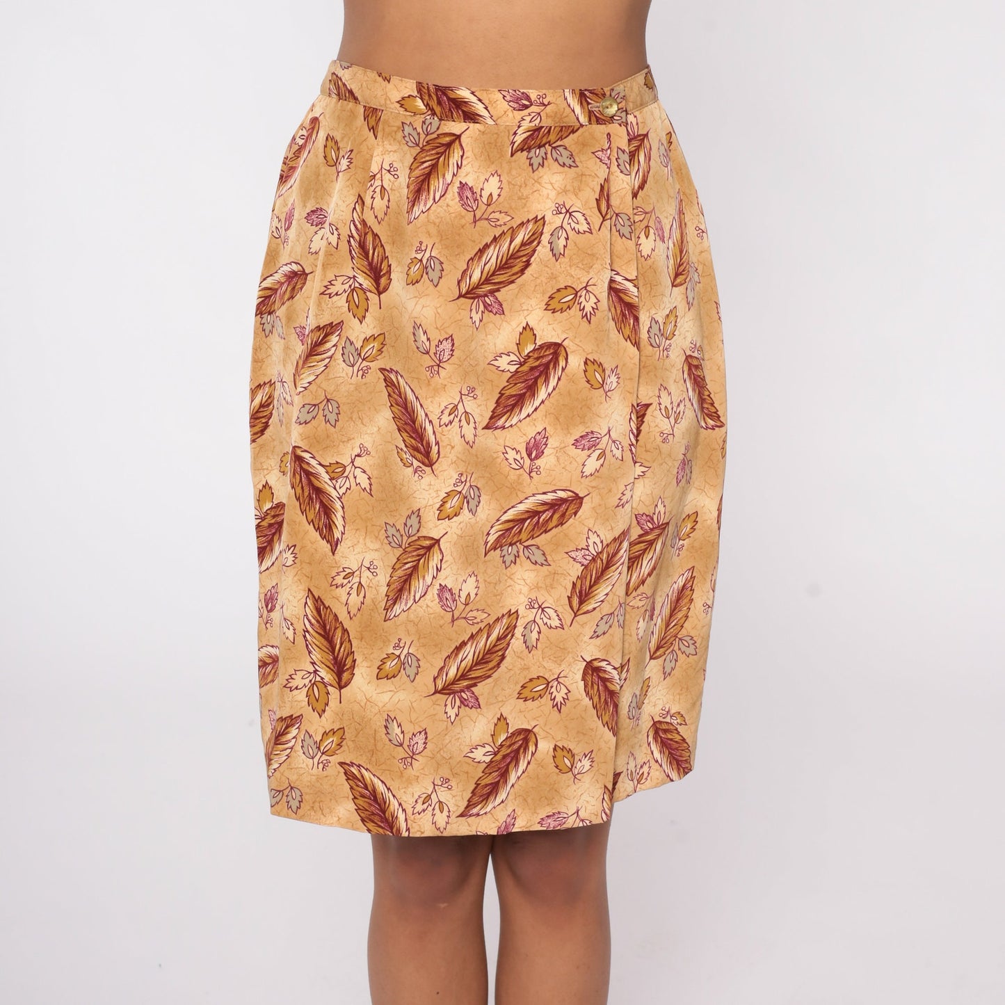 80s Leaf Print Pencil Skirt High Waist Mini Tan Brown Small