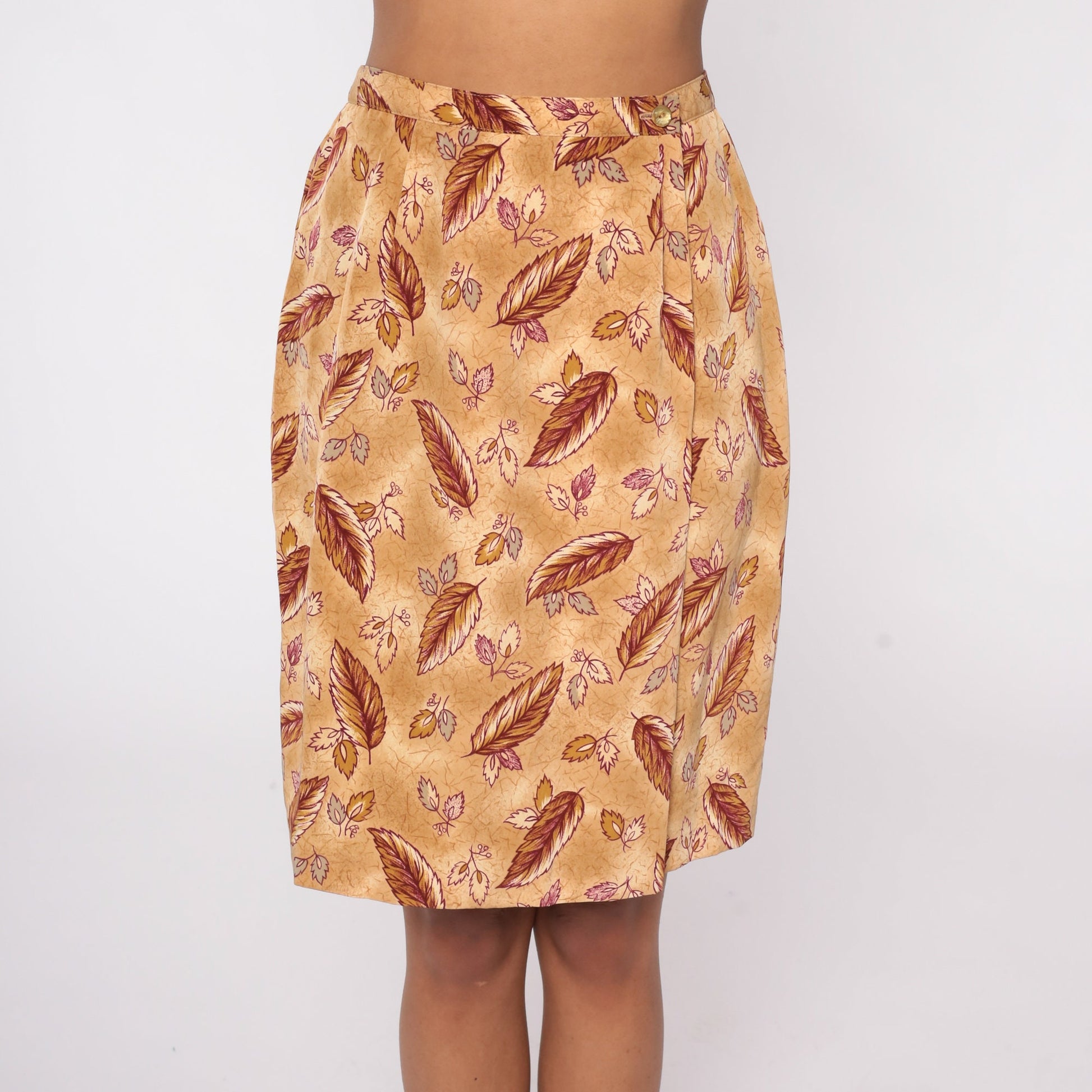 80s Leaf Print Pencil Skirt High Waist Mini Tan Brown Small