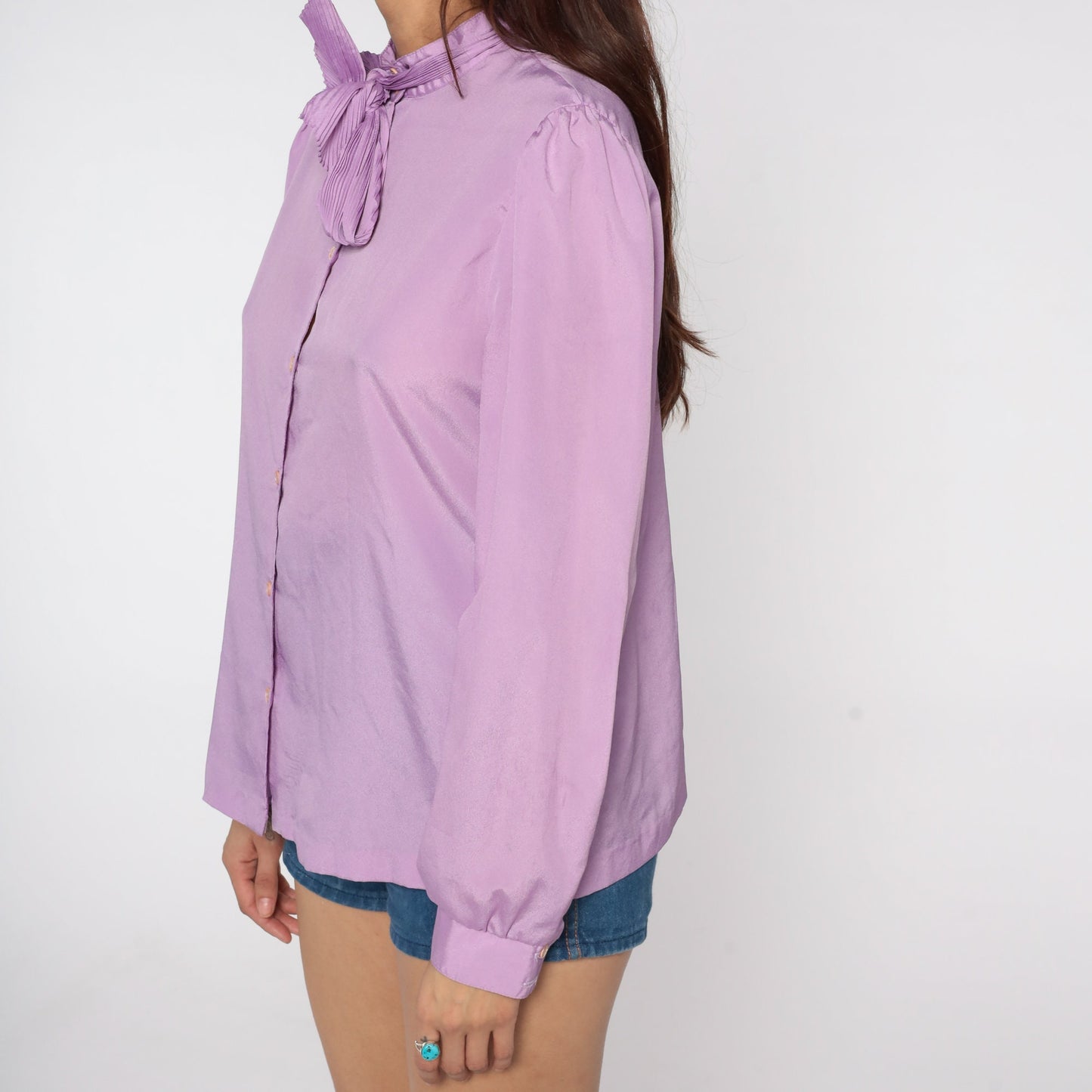 80s Purple Necktie Blouse Puff Sleeve Button Up Ruffle Collar Medium