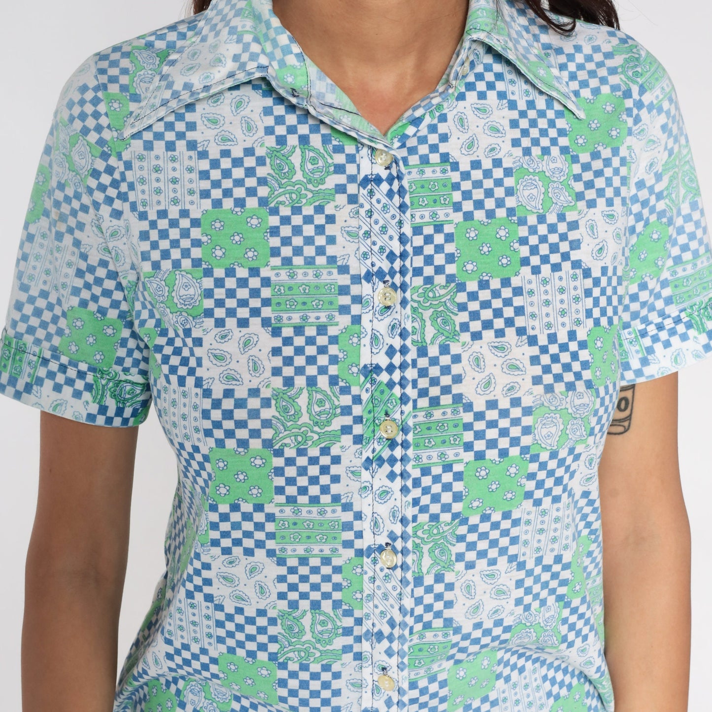 70s Checkered Paisley Floral Button Up Shirt Dagger Collar Blue Small