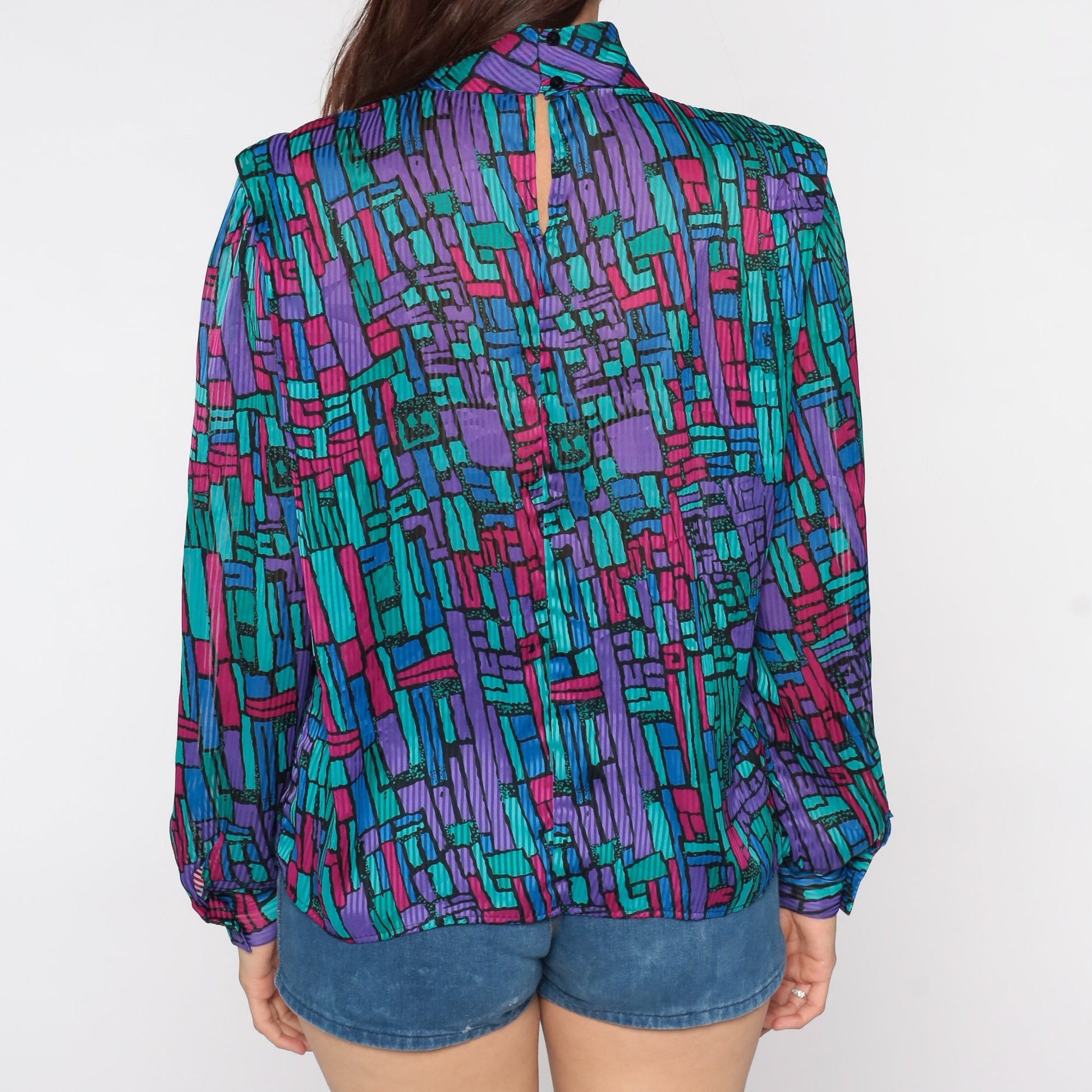 80s Geometric Mock Neck Blouse Long Sleeve Statement Top Medium