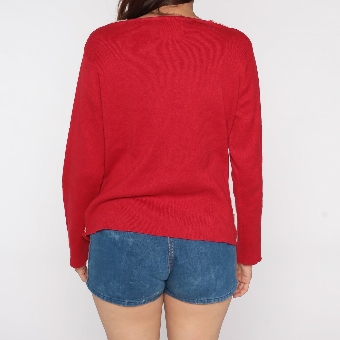 80s Red V-Neck Sweater with Macrame Trim Knit Pullover Large L