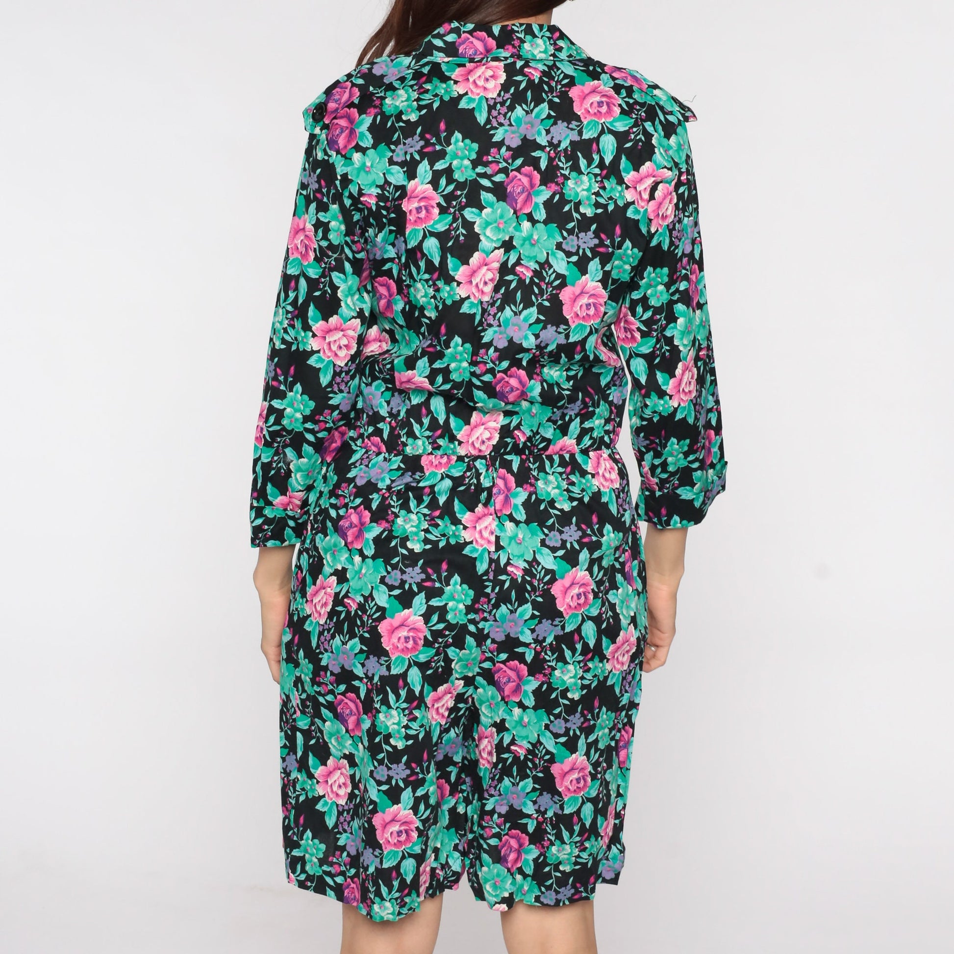 80s Floral Wrap Dress Black Pink Green Purple Mini High Waisted Small