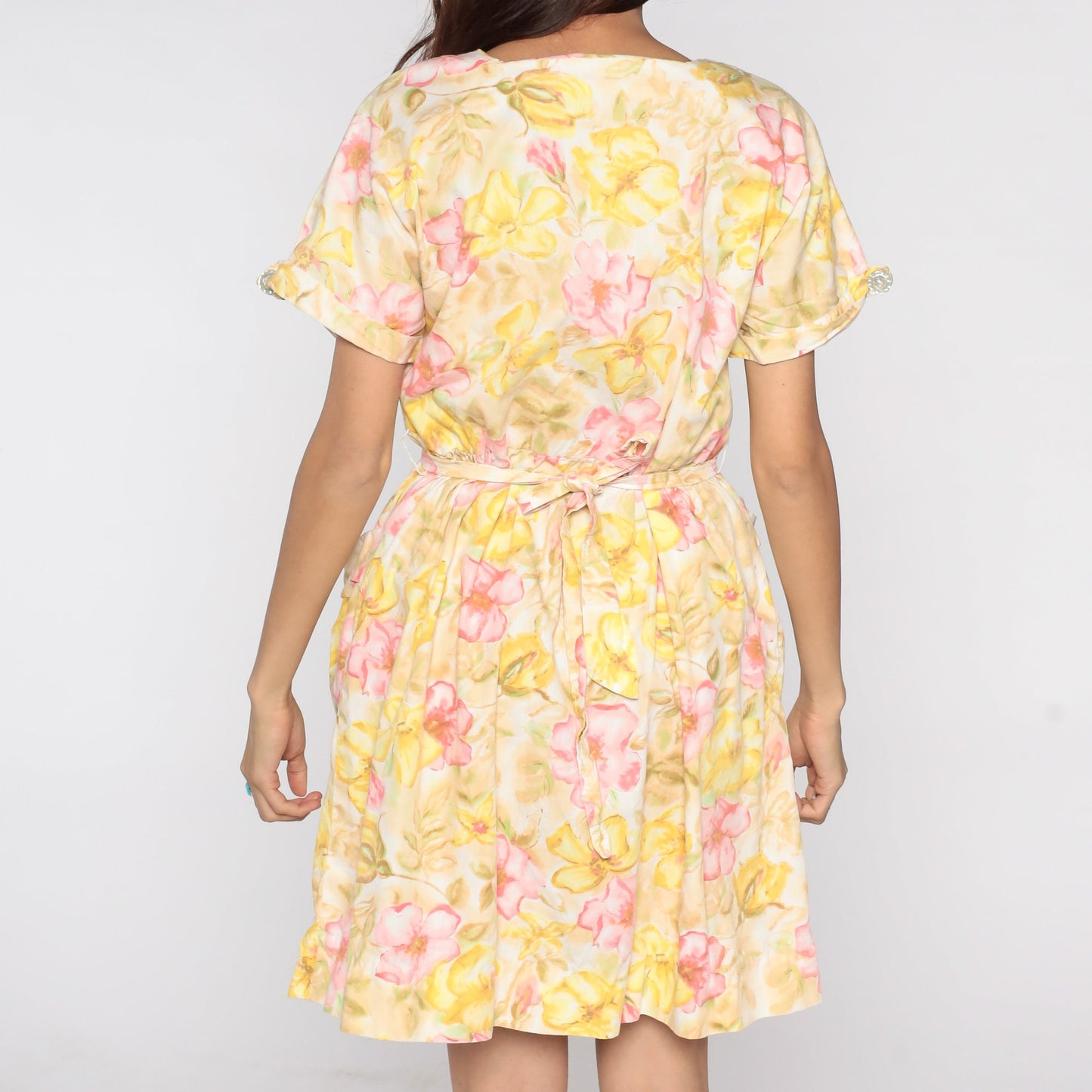 60s Floral Mini Dress Yellow Flower Print High Waist Pleated Medium